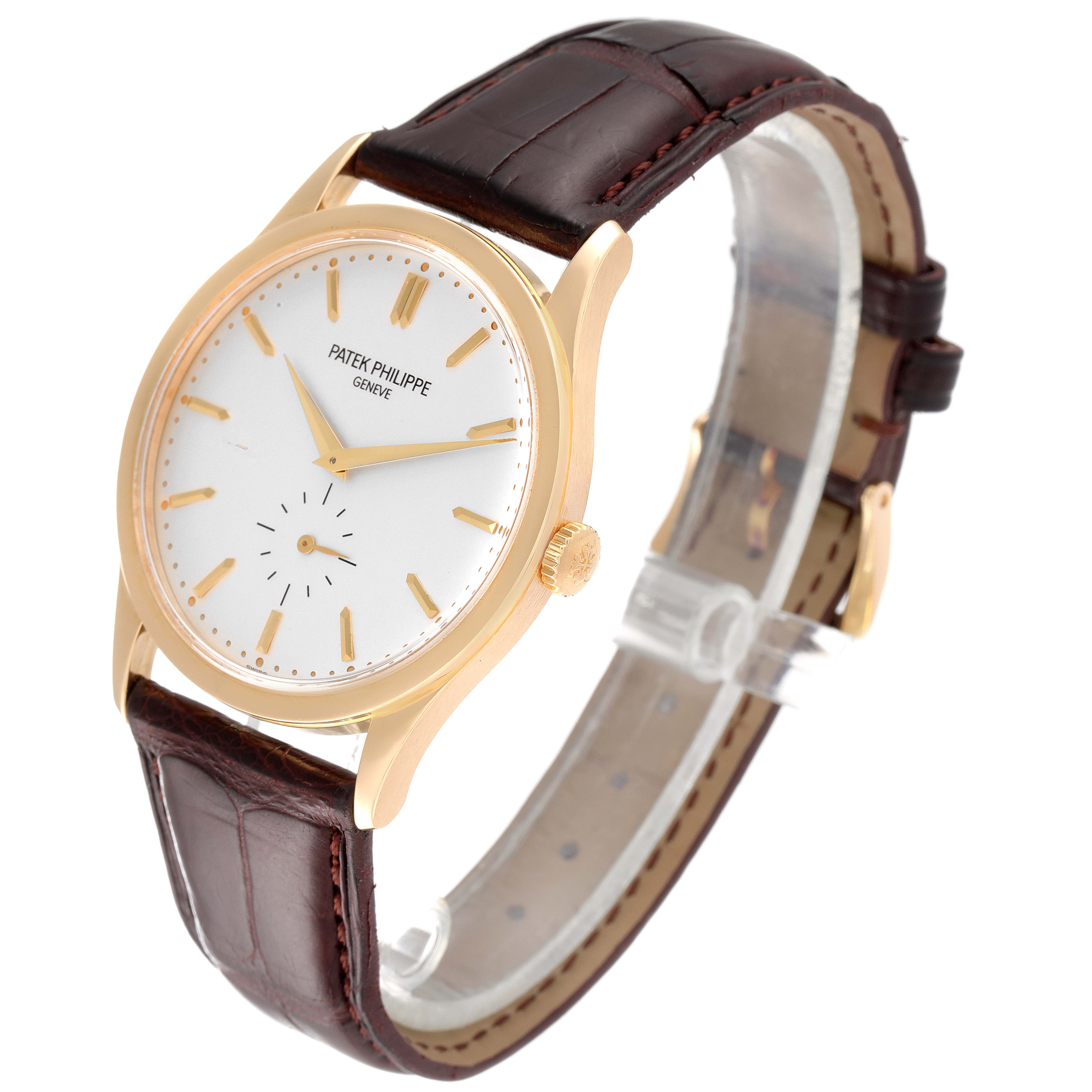 This image shows a front-angled view of the Patek Philippe Calatrava 5196J Men's Yellow Gold Silver Dial 5196J Men's Yellow Gold Silver Dial watch, highlighting its dial, case, crown, and leather strap.