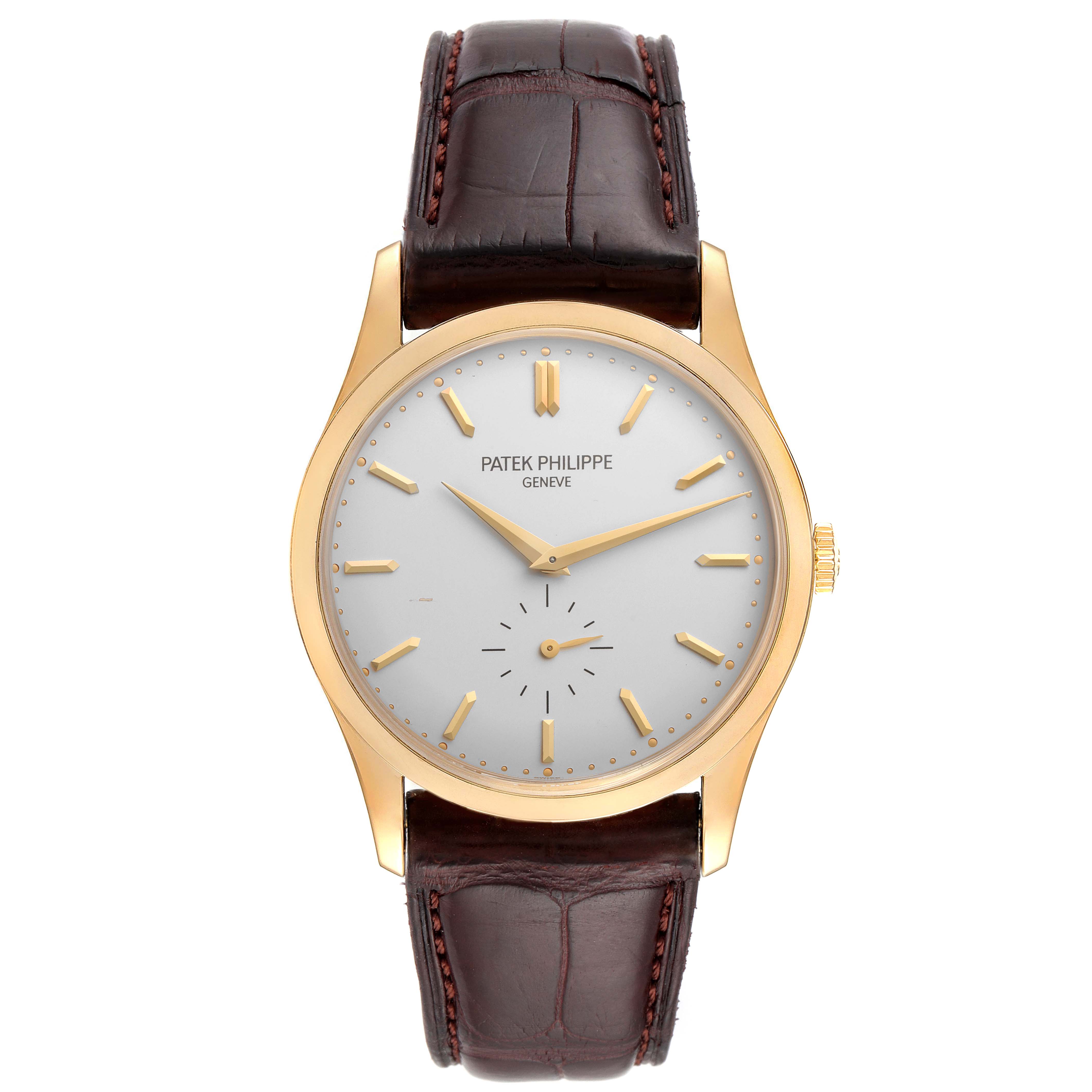 This image shows a front view of the Patek Philippe Calatrava 5196J Men's Yellow Gold Silver Dial 5196J Men's Yellow Gold Silver Dial watch, highlighting its dial, hands, case, and leather strap.