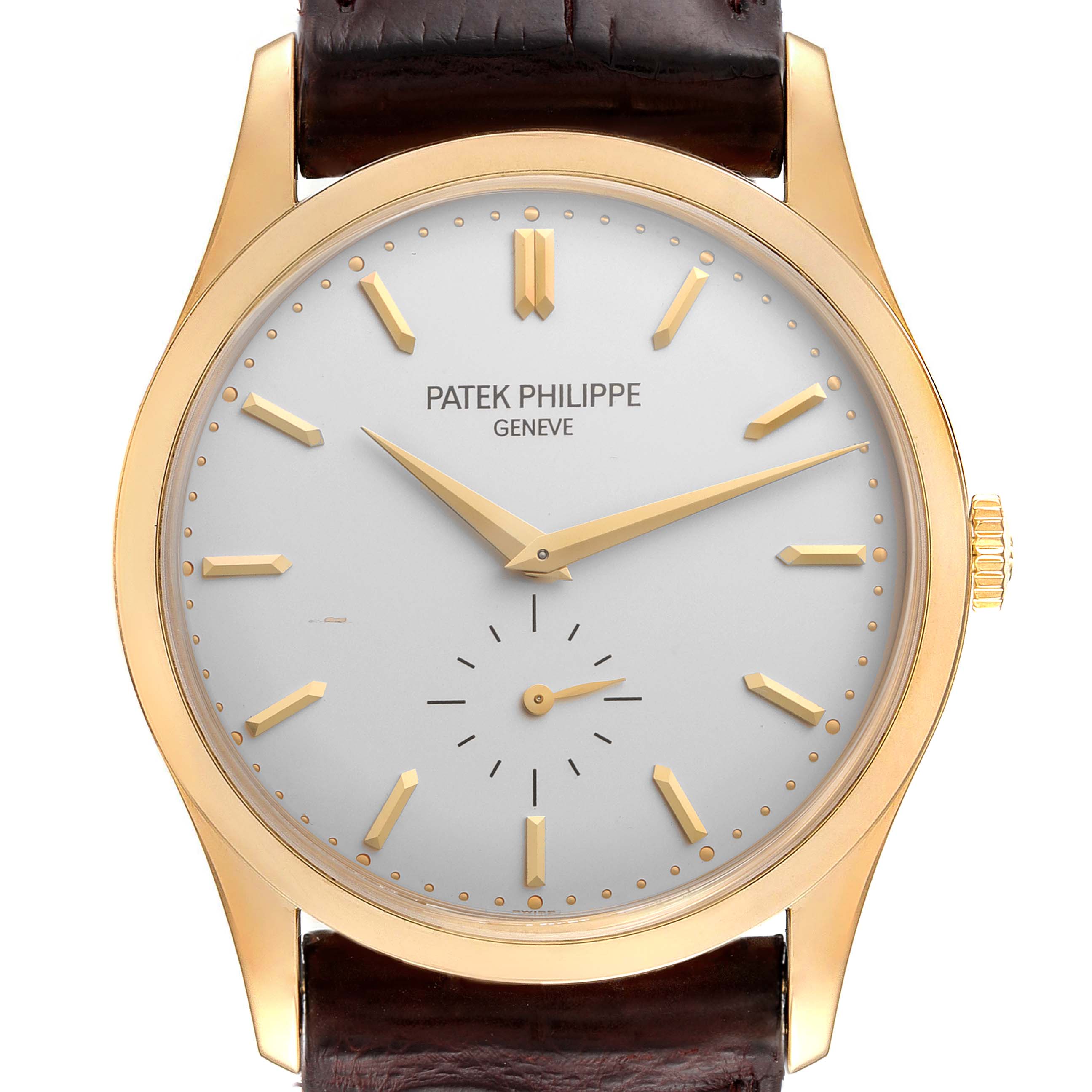 This image shows a front view of the Patek Philippe Calatrava 5196J Men's Yellow Gold Silver Dial 5196J Men's Yellow Gold Silver Dial watch, displaying the dial, hands, and part of the strap.