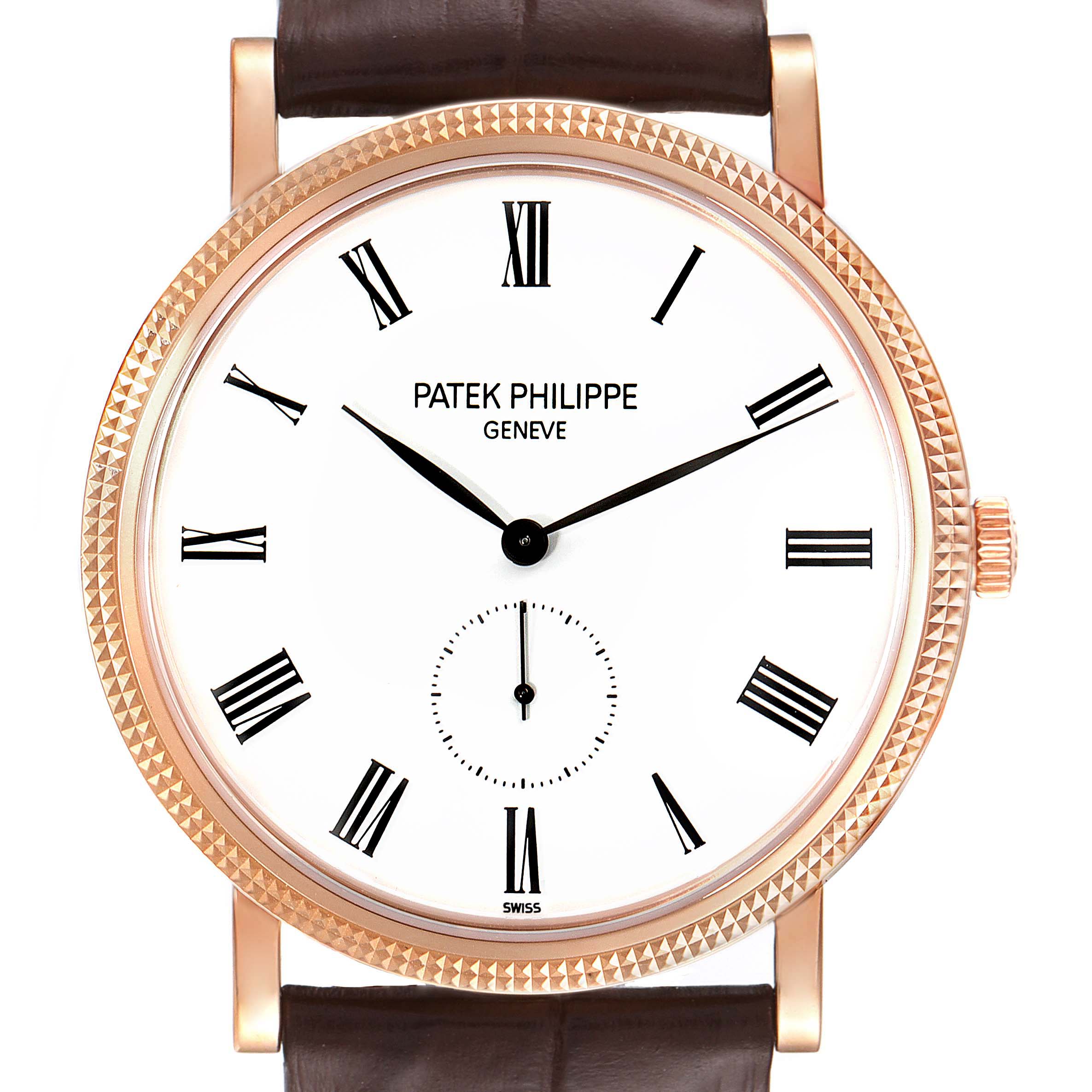 The image shows a front view of a Patek Philippe Calatrava 5119R Men's Rose Gold White Dial 5119R Men's Rose Gold White Dial watch, highlighting the face, hands, and crown.