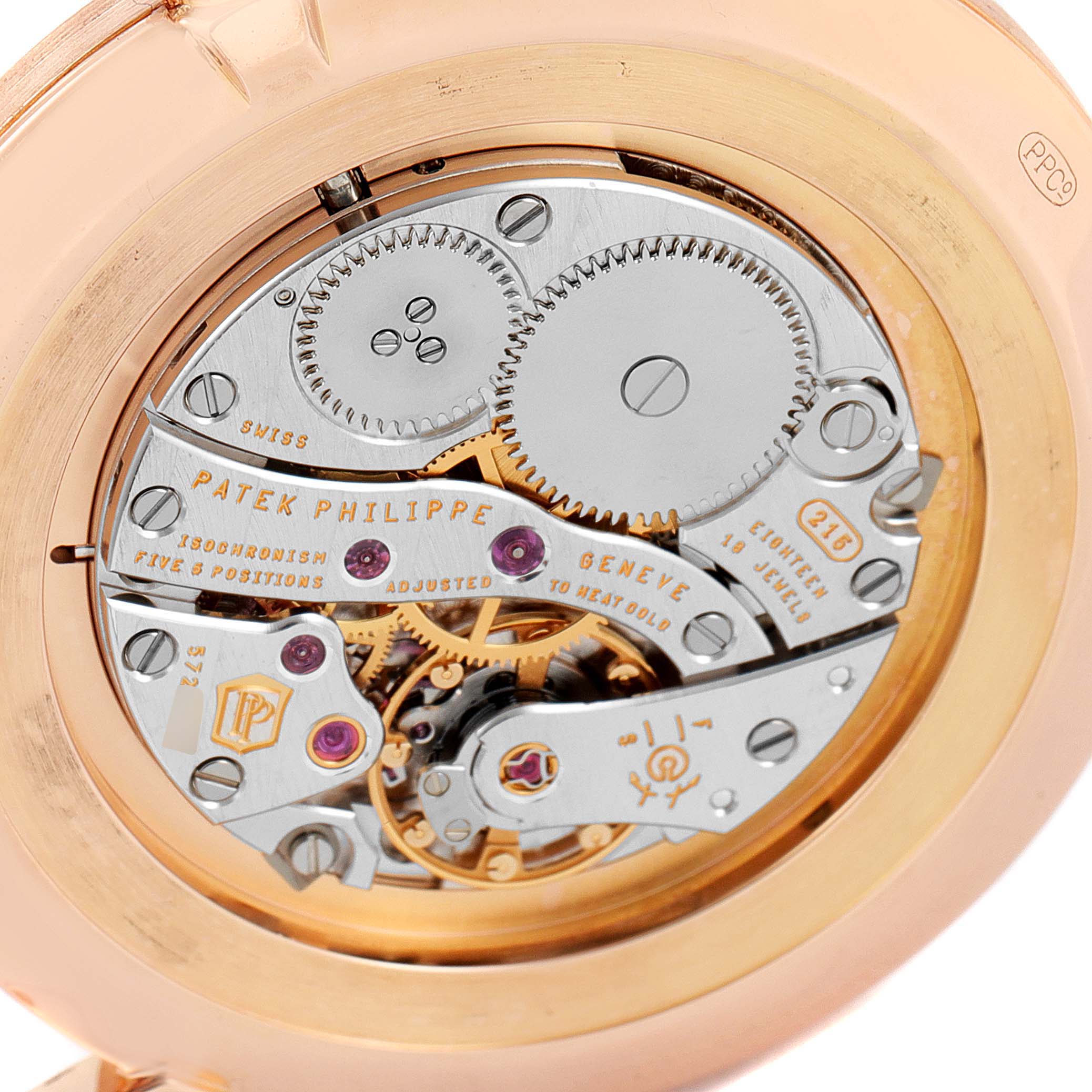 This image shows the intricate movement and inner mechanisms of the Patek Philippe Calatrava 5119R-001 Men's Rose Gold White Dial 5119R-001 Men's Rose Gold White Dial watch, viewed from the back case.