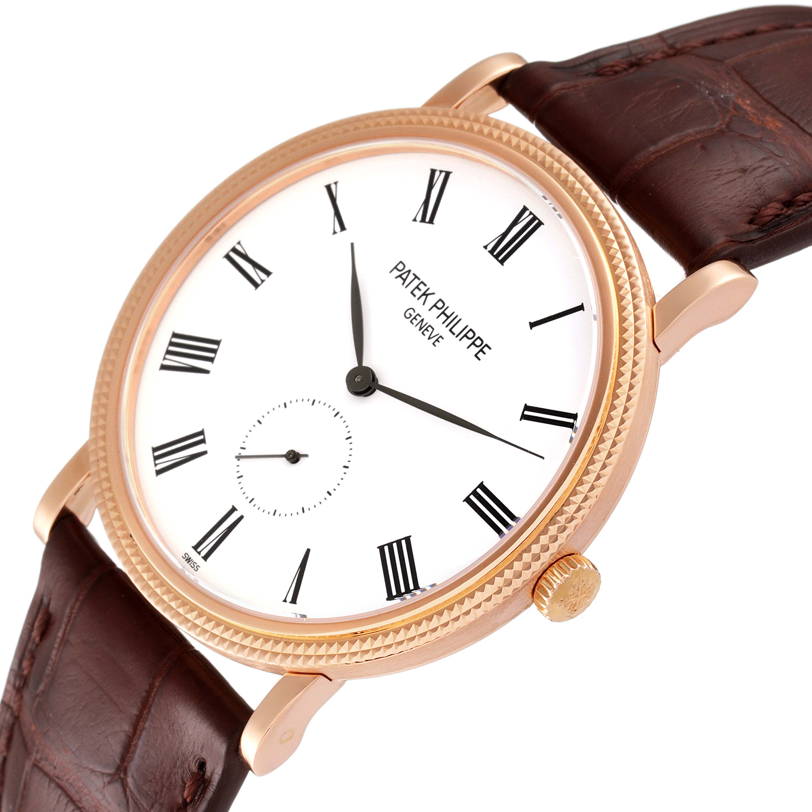 The image shows a Patek Philippe Calatrava 5119R-001 Men's Rose Gold White Dial 5119R-001 Men's Rose Gold White Dial watch from an angled perspective, highlighting the watch face and brown leather strap.
