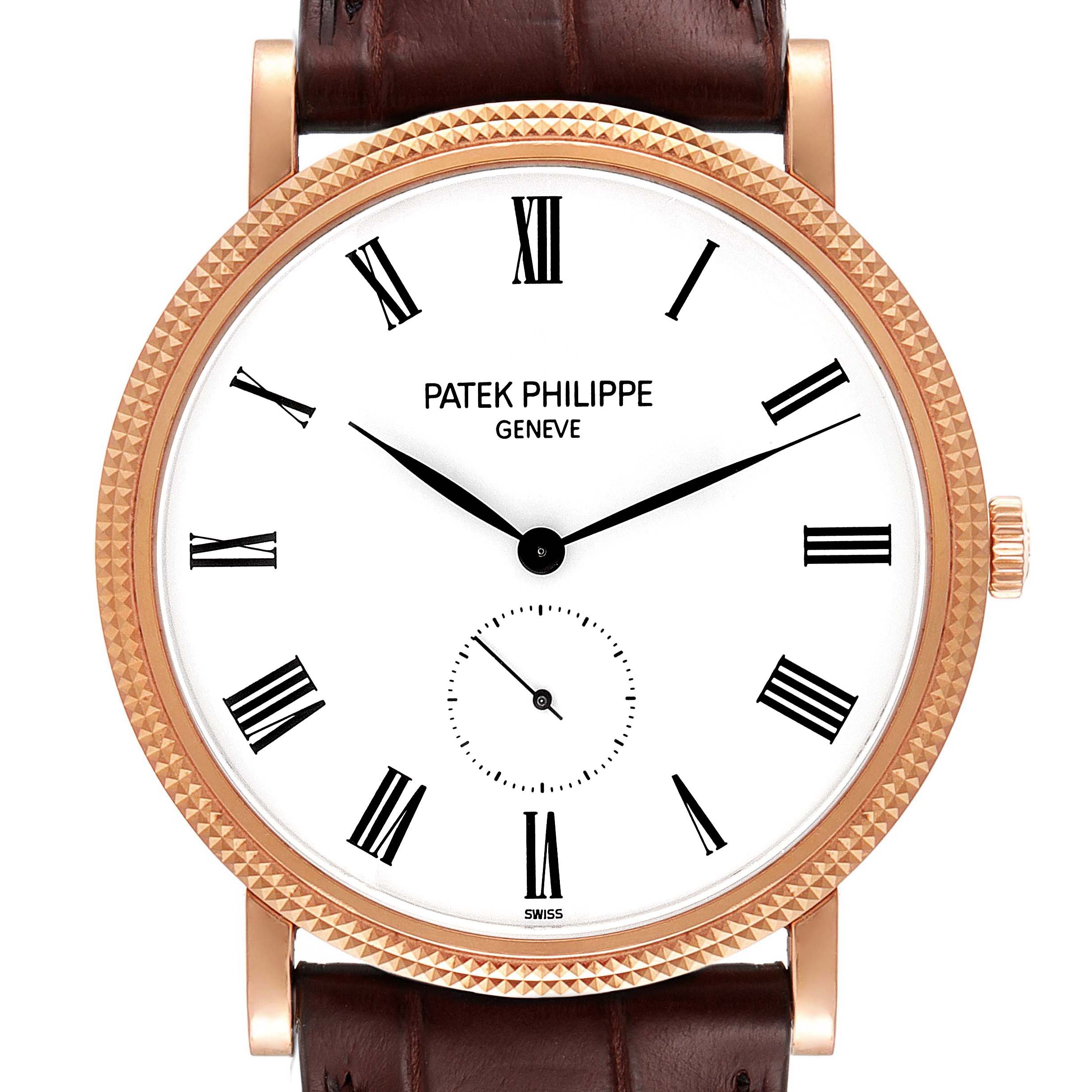 The image shows a front view of a Calatrava watch by Patek Philippe, highlighting the dial, hands, and part of the strap.