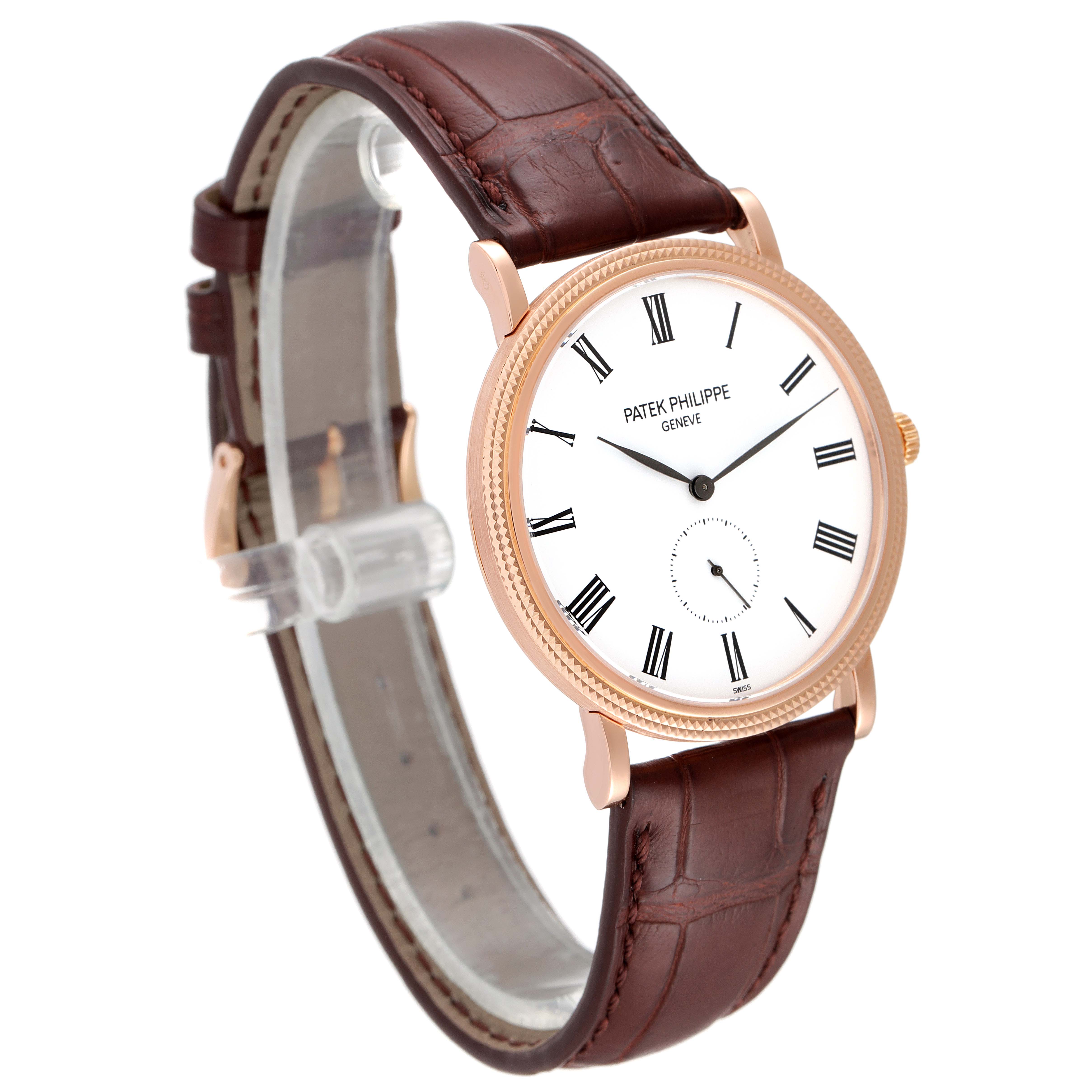 The image shows a side angle of the Patek Philippe Calatrava 5119R-001 Men's Rose Gold White Dial 5119R-001 Men's Rose Gold White Dial watch, featuring its face, strap, and buckle.