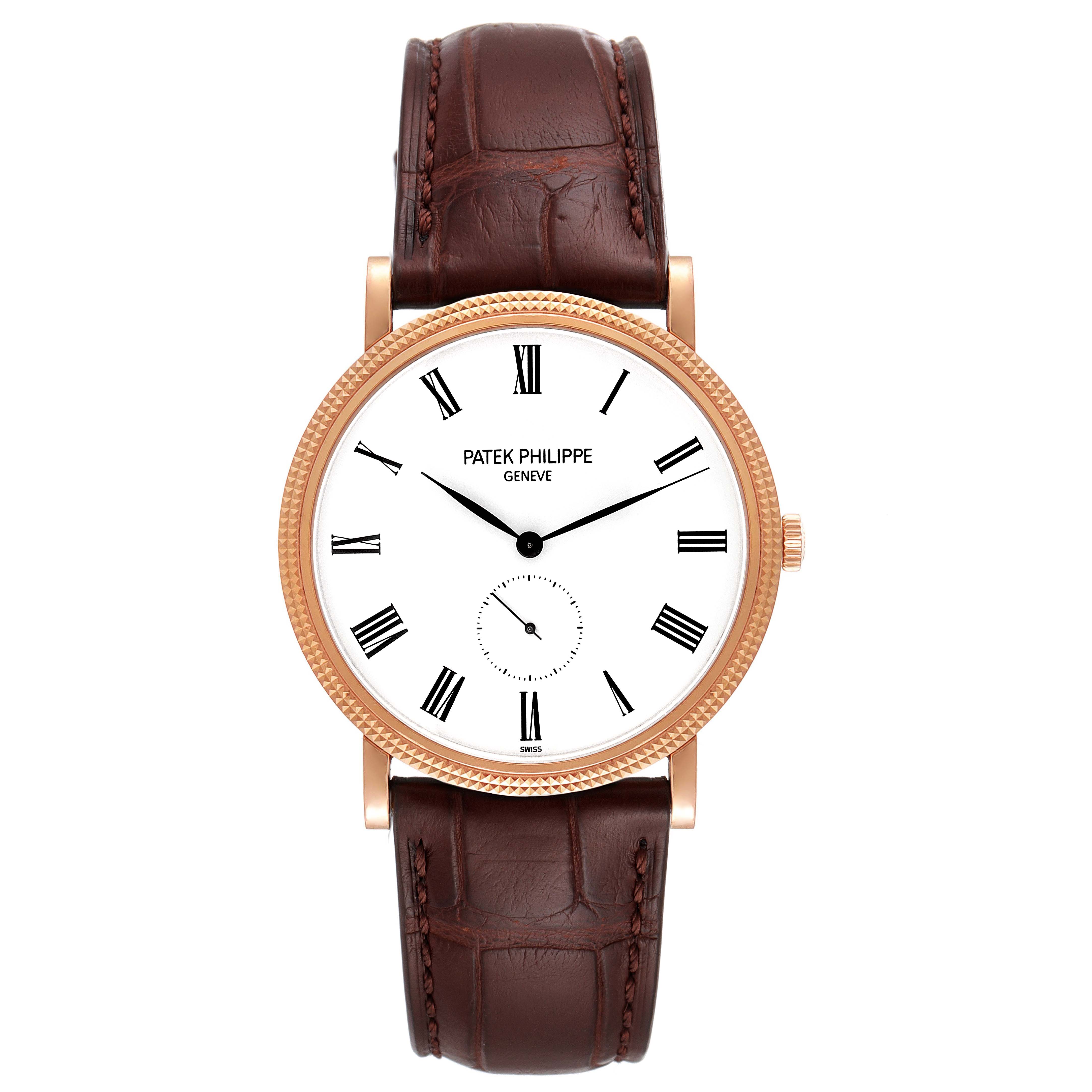 The image shows a front view of the Patek Philippe Calatrava 5119R-001 Men's Rose Gold White Dial 5119R-001 Men's Rose Gold White Dial watch, featuring its dial, case, and brown leather strap.