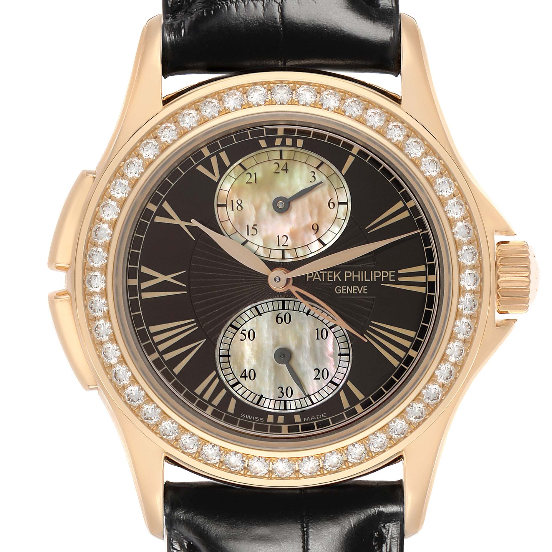 The Patek Philippe Calatrava 4934R-001 Women's Rose Gold Brown Dial watch is shown from the front, highlighting the dial, case, diamond bezel, and leather strap.