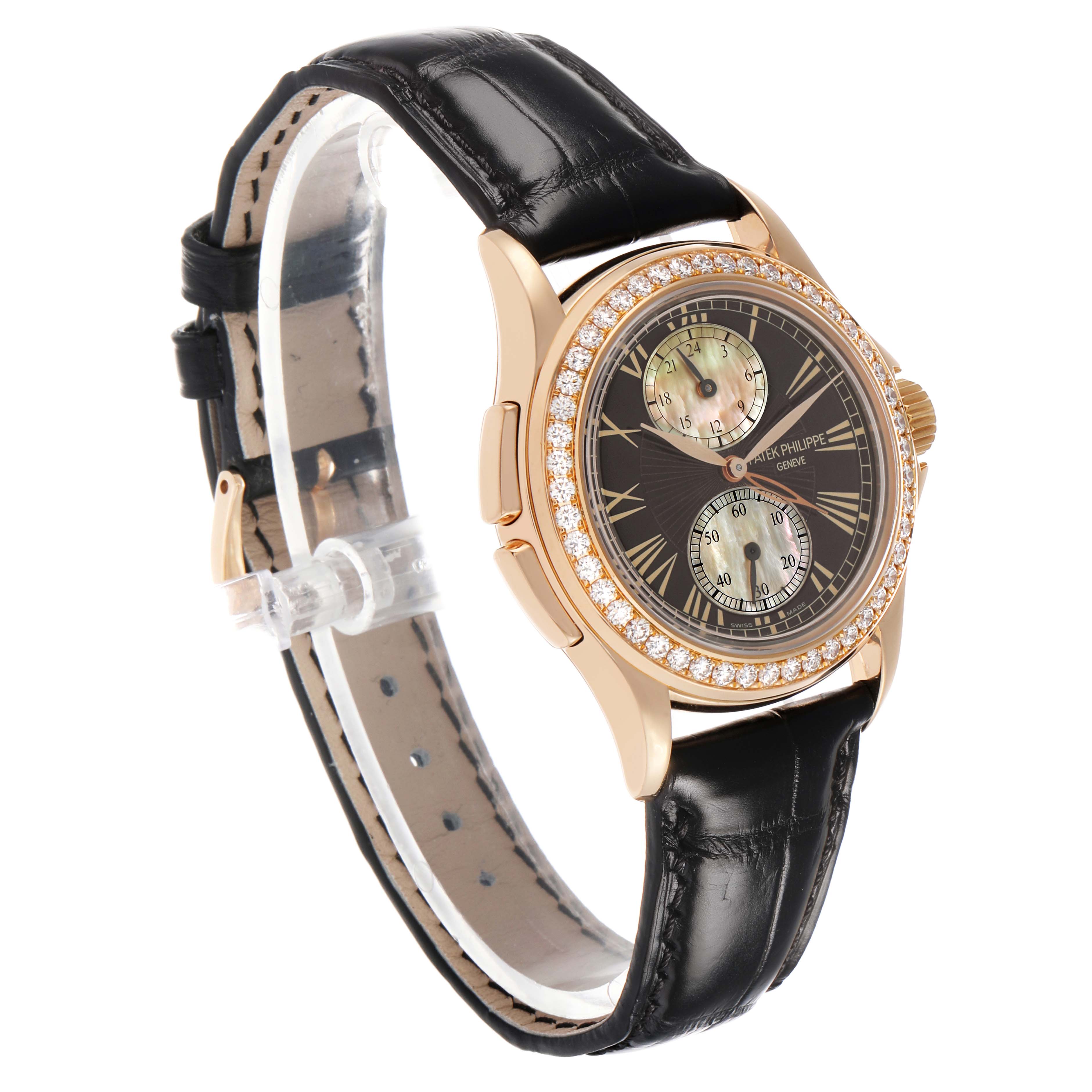 The Patek Philippe Calatrava 4934R-001 Women's Rose Gold Brown Dial watch is shown at a three-quarter angle, displaying the face, diamond bezel, and leather strap.