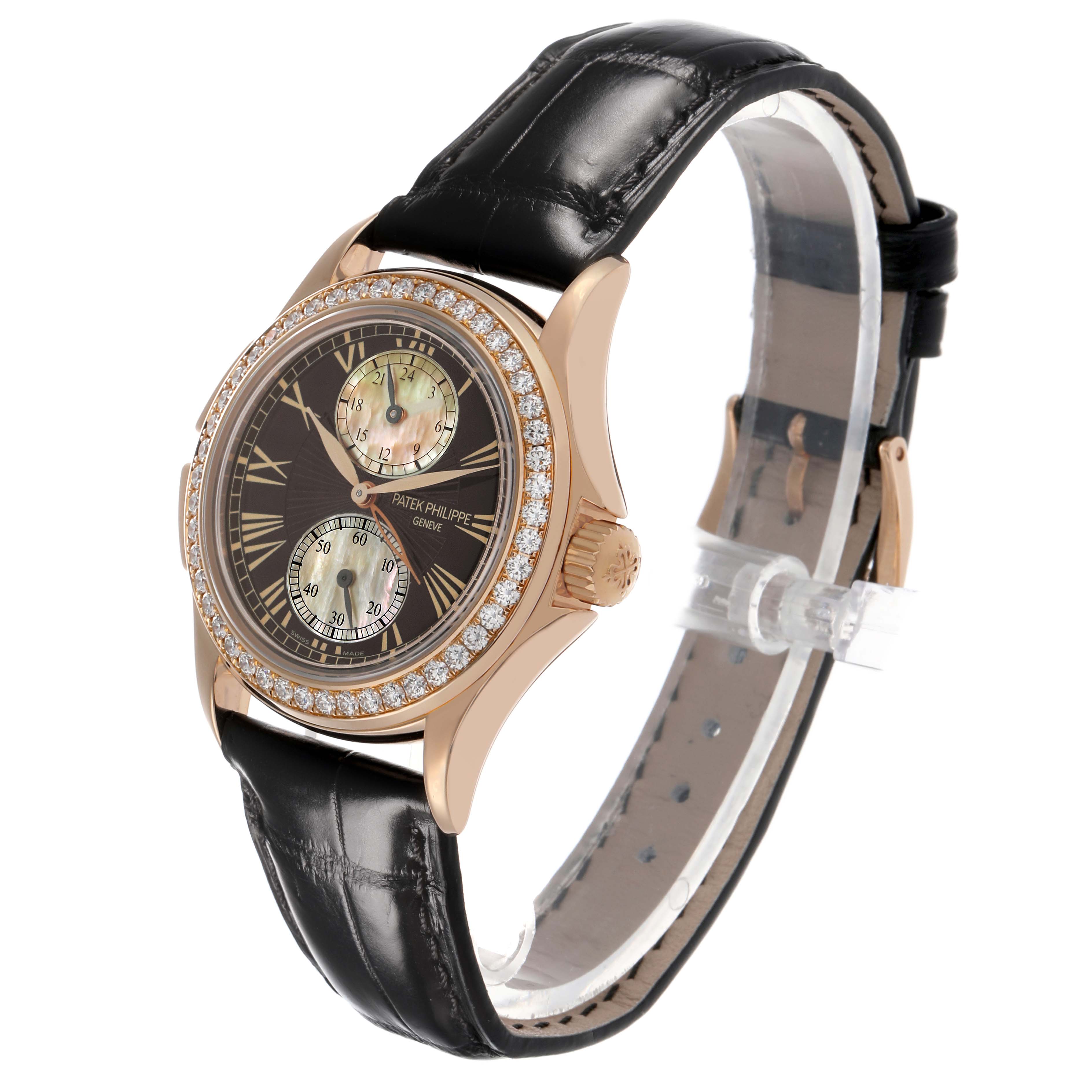 The Patek Philippe Calatrava 4934R-001 Women's Rose Gold Brown Dial watch is shown at a three-quarter angle, highlighting the bezel, dial, and strap.