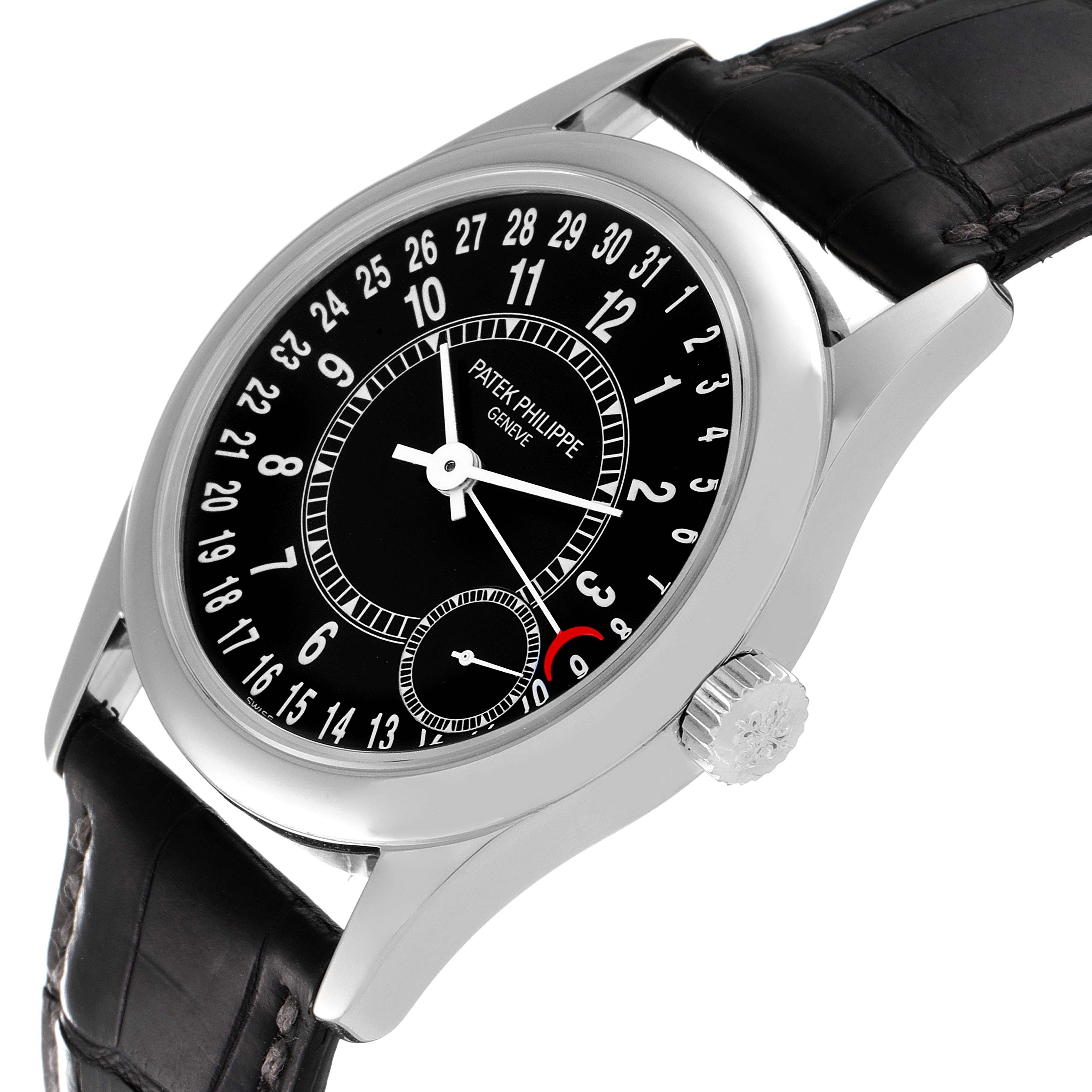 The image shows a side angle of the Patek Philippe Calatrava 6000G Men's White Gold Black Dial 6000G Men's White Gold Black Dial watch, highlighting its black dial, crown, and leather strap.