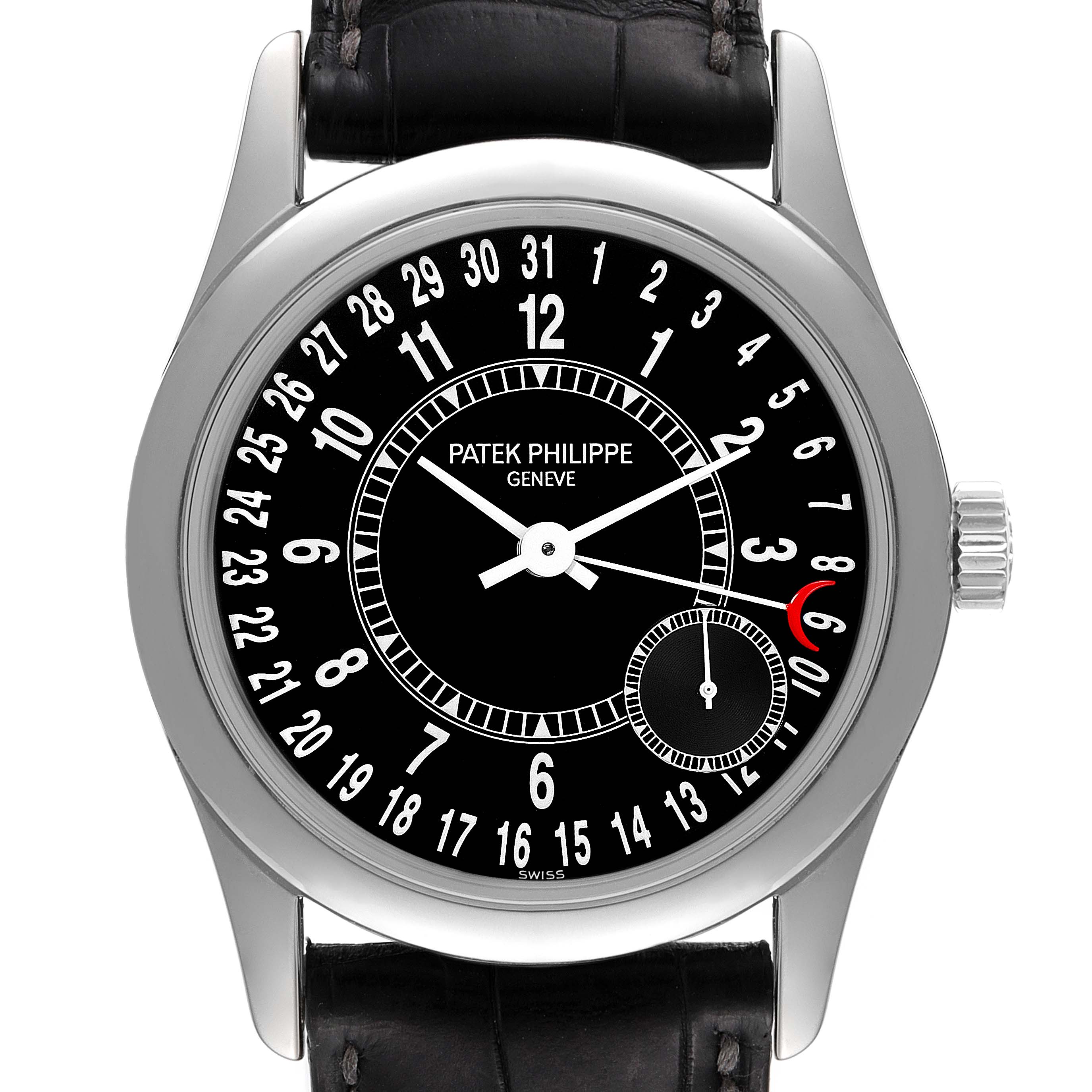 The image shows a front view of the Patek Philippe Calatrava 6000G Men's White Gold Black Dial 6000G Men's White Gold Black Dial watch, highlighting the dial, hands, and leather strap.