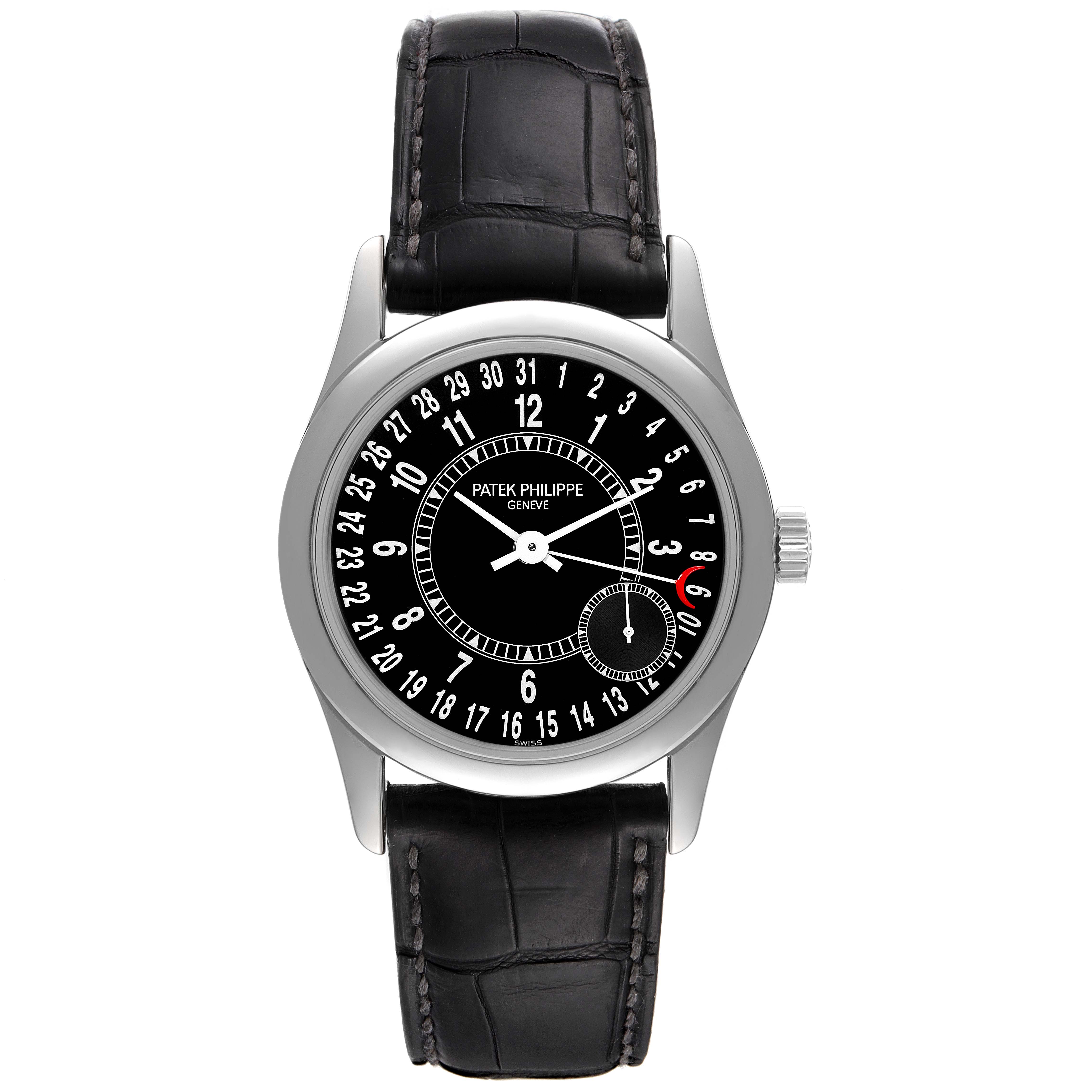This Patek Philippe Calatrava 6000G Men's White Gold Black Dial 6000G Men's White Gold Black Dial watch is shown from a frontal angle, displaying its face, dial, and black strap.