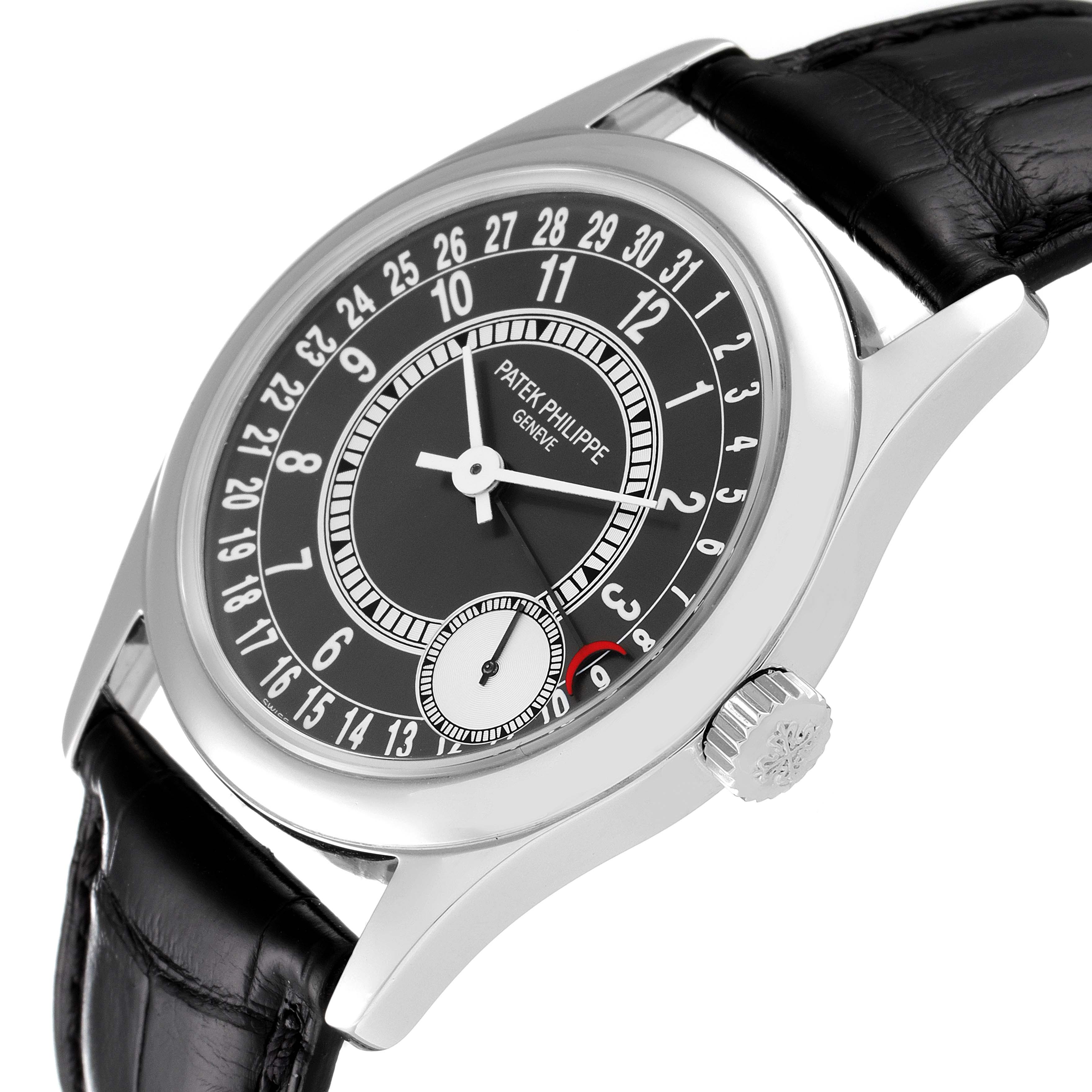 This image shows a close-up angled view of the dial, bezel, crown, and strap of the Patek Philippe Calatrava 6000G Men's White Gold Grey Dial 6000G Men's White Gold Grey Dial watch.