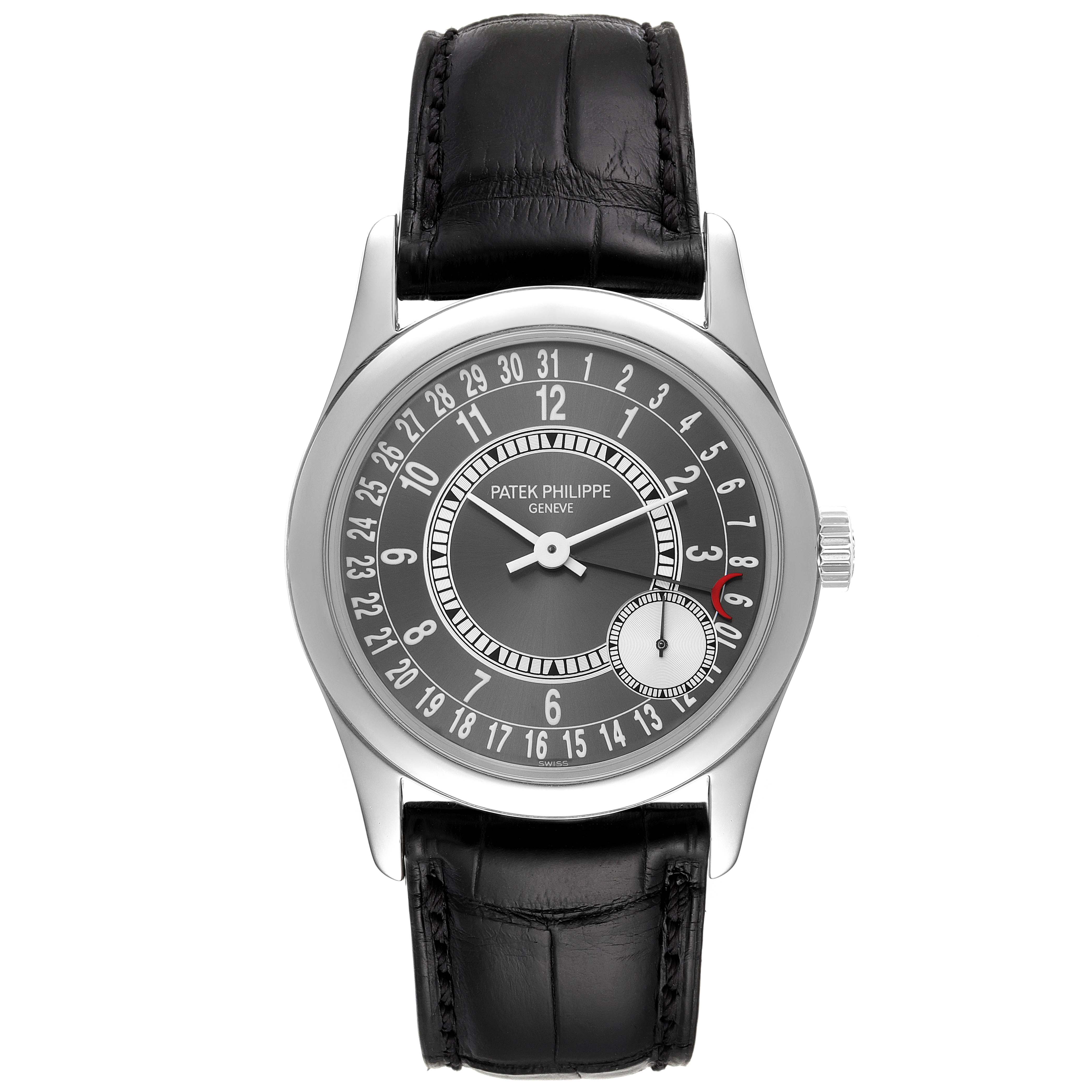 The image shows a frontal view of the Patek Philippe Calatrava 6000G Men's White Gold Grey Dial 6000G Men's White Gold Grey Dial watch with a black leather strap.
