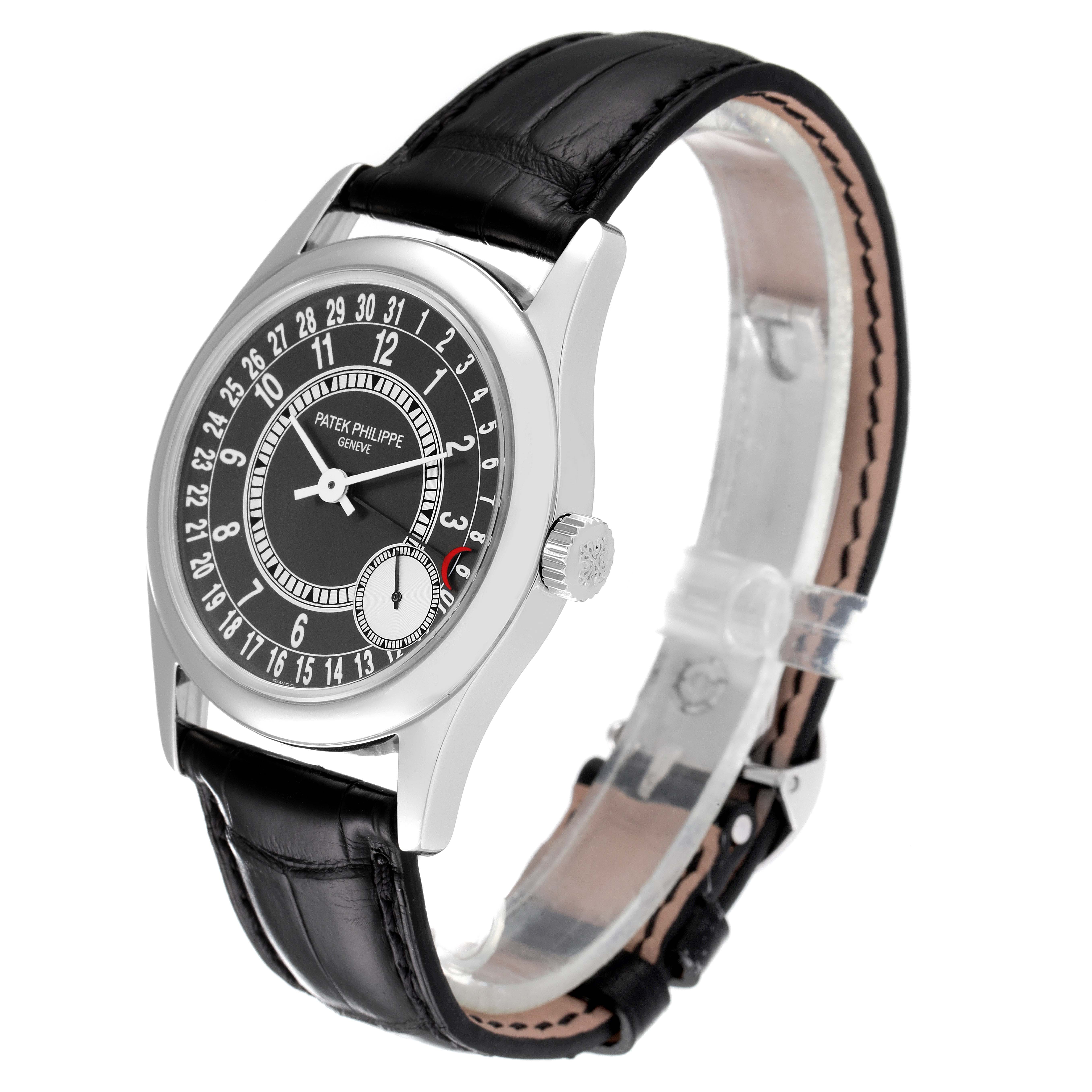 The image shows a Patek Philippe Calatrava 6000G Men's White Gold Grey Dial 6000G Men's White Gold Grey Dial watch from a front and side angle, featuring a black leather strap and detailed face.