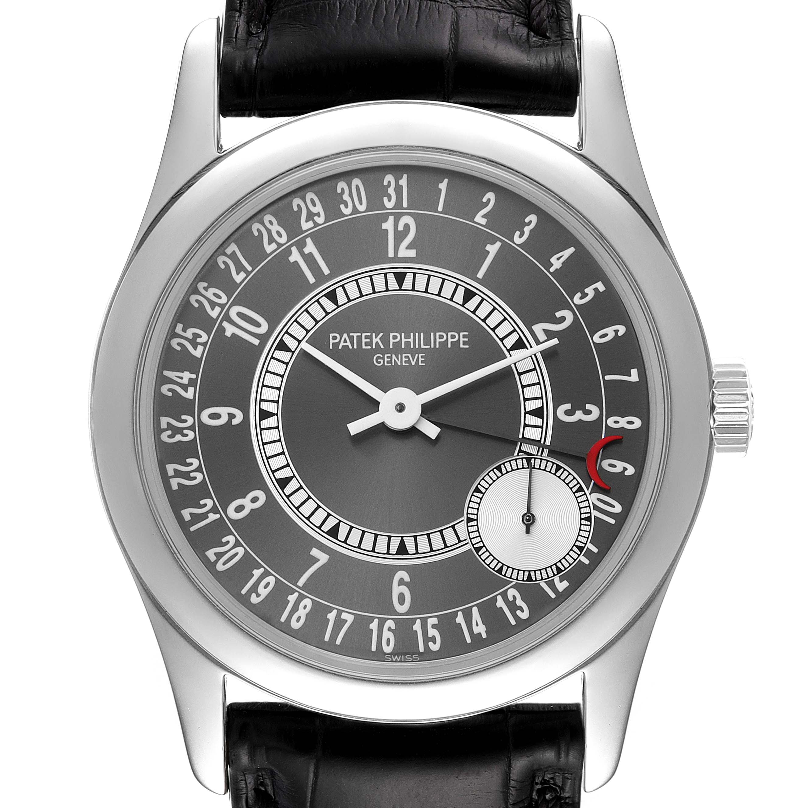 The image shows the front view of a Patek Philippe Calatrava 6000G Men's White Gold Grey Dial 6000G Men's White Gold Grey Dial watch, including its dial, hands, case, crown, and strap.