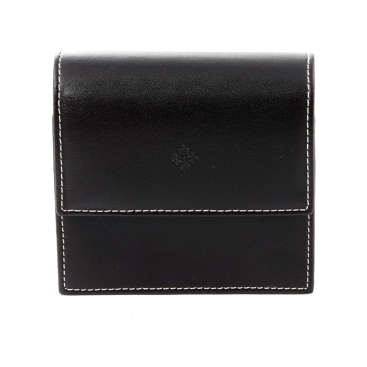 This is a front view of a black leather case for the Patek Philippe Twenty-4 4910/10A Women's Stainless Steel Grey Dial 4910/10A Women's Stainless Steel Grey Dial model watch.