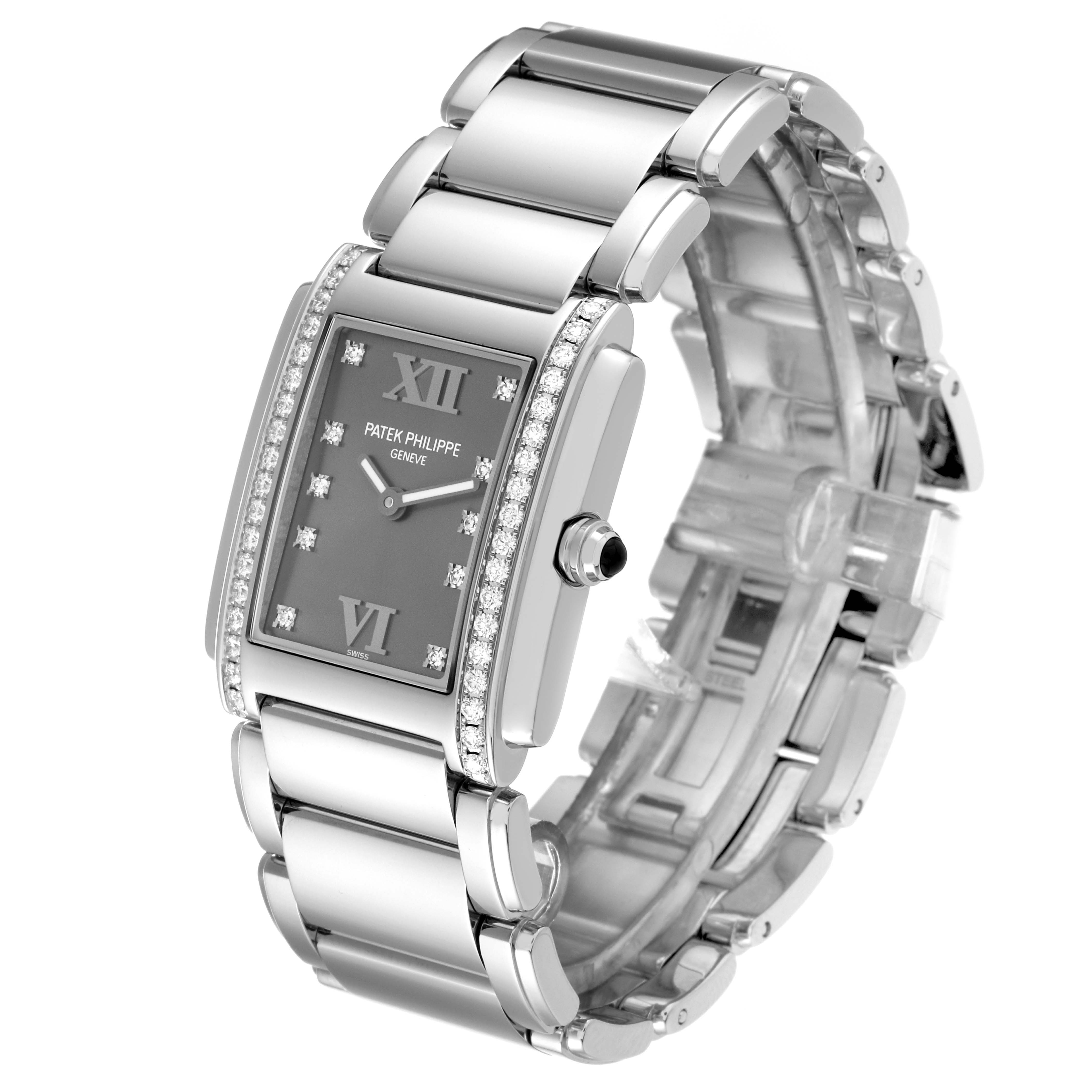 The image showcases a Patek Philippe Twenty-4 4910/10A Women's Stainless Steel Grey Dial 4910/10A Women's Stainless Steel Grey Dial model watch from a side angle, highlighting its face, bezel, and bracelet.