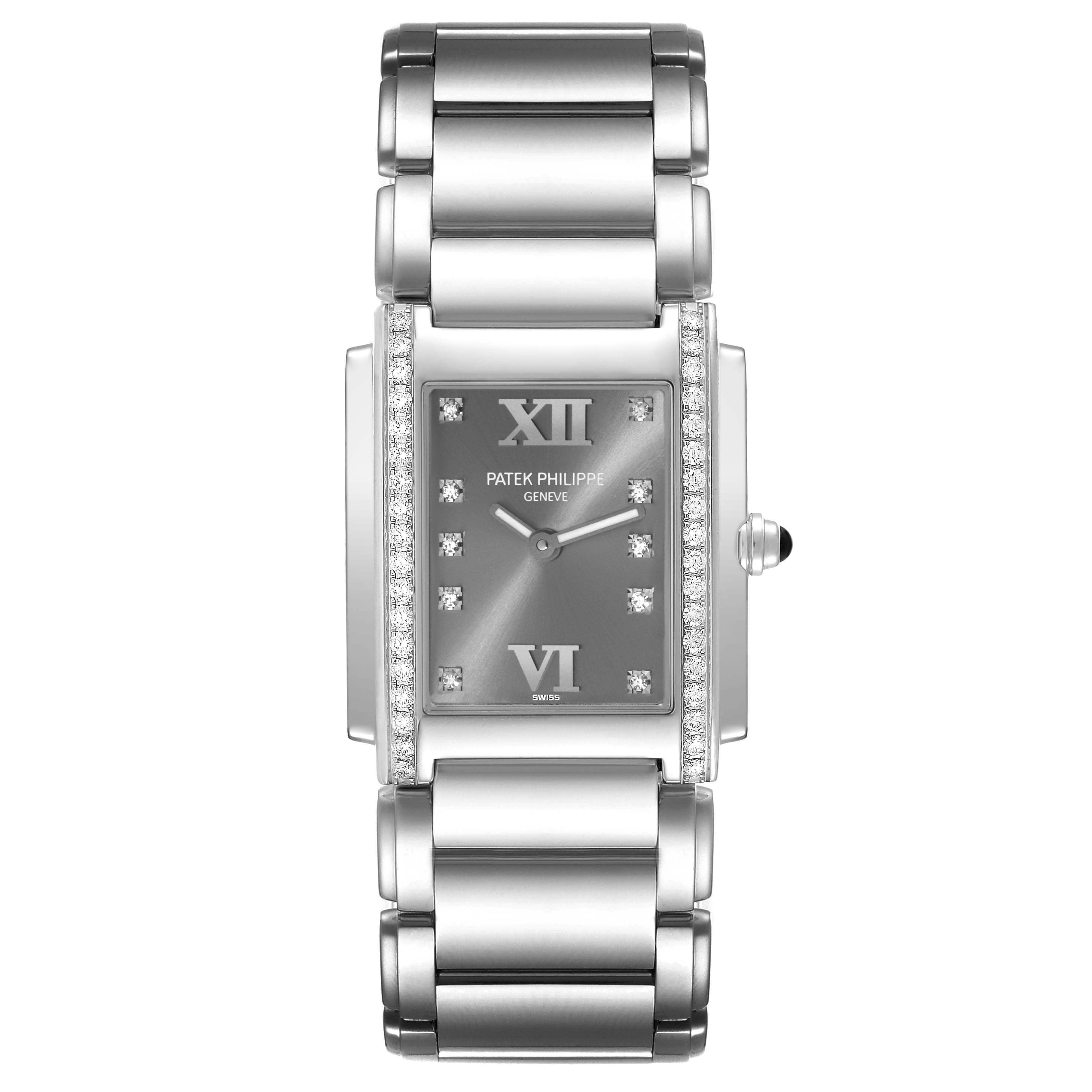 This image shows a front view of a Patek Philippe Twenty-4 4910/10A Women's Stainless Steel Grey Dial 4910/10A Women's Stainless Steel Grey Dial watch, highlighting its face, bezel, and bracelet.