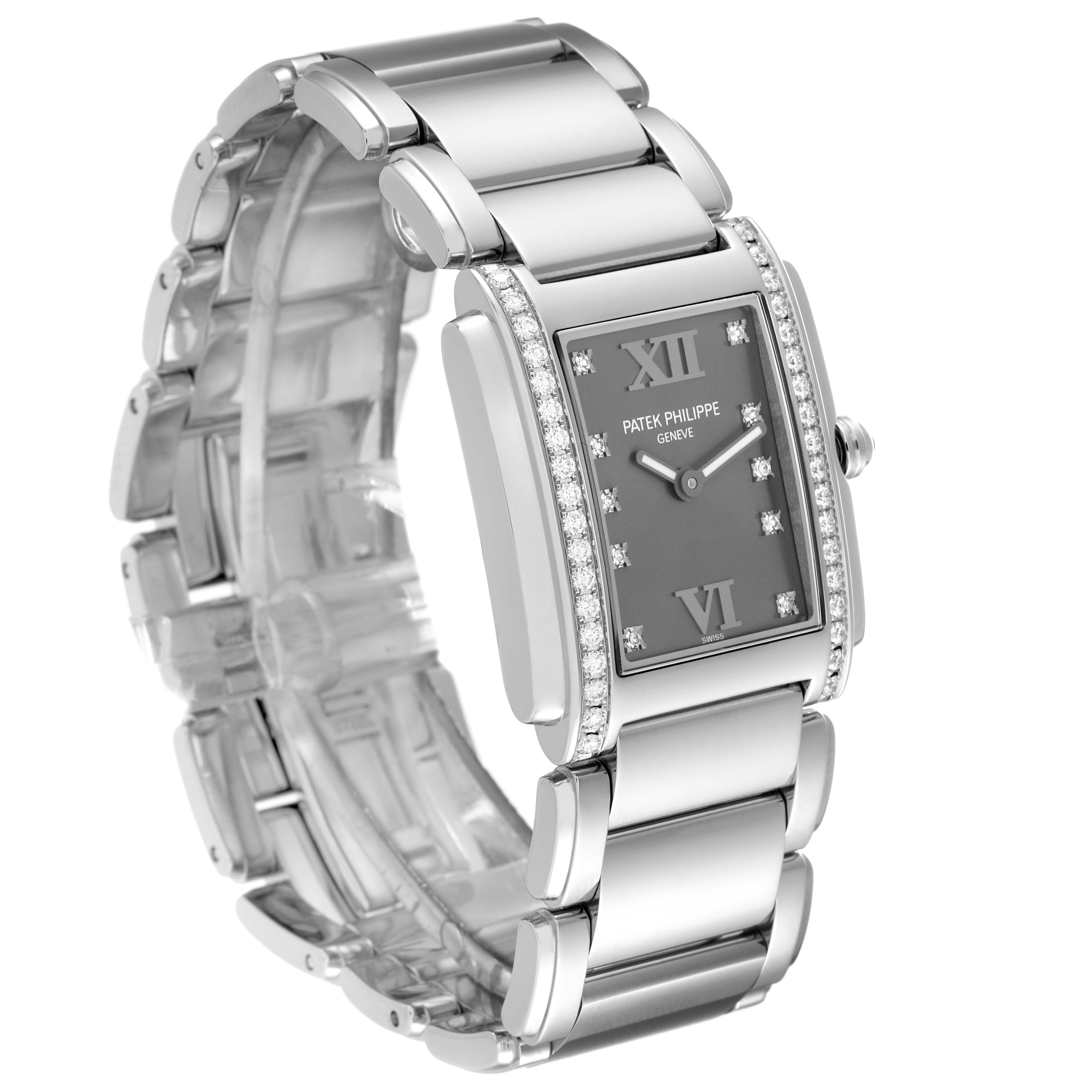The Patek Philippe Twenty-4 4910/10A Women's Stainless Steel Grey Dial 4910/10A Women's Stainless Steel Grey Dial watch shown at an angle highlights the bracelet, rectangular face, and diamond accents.