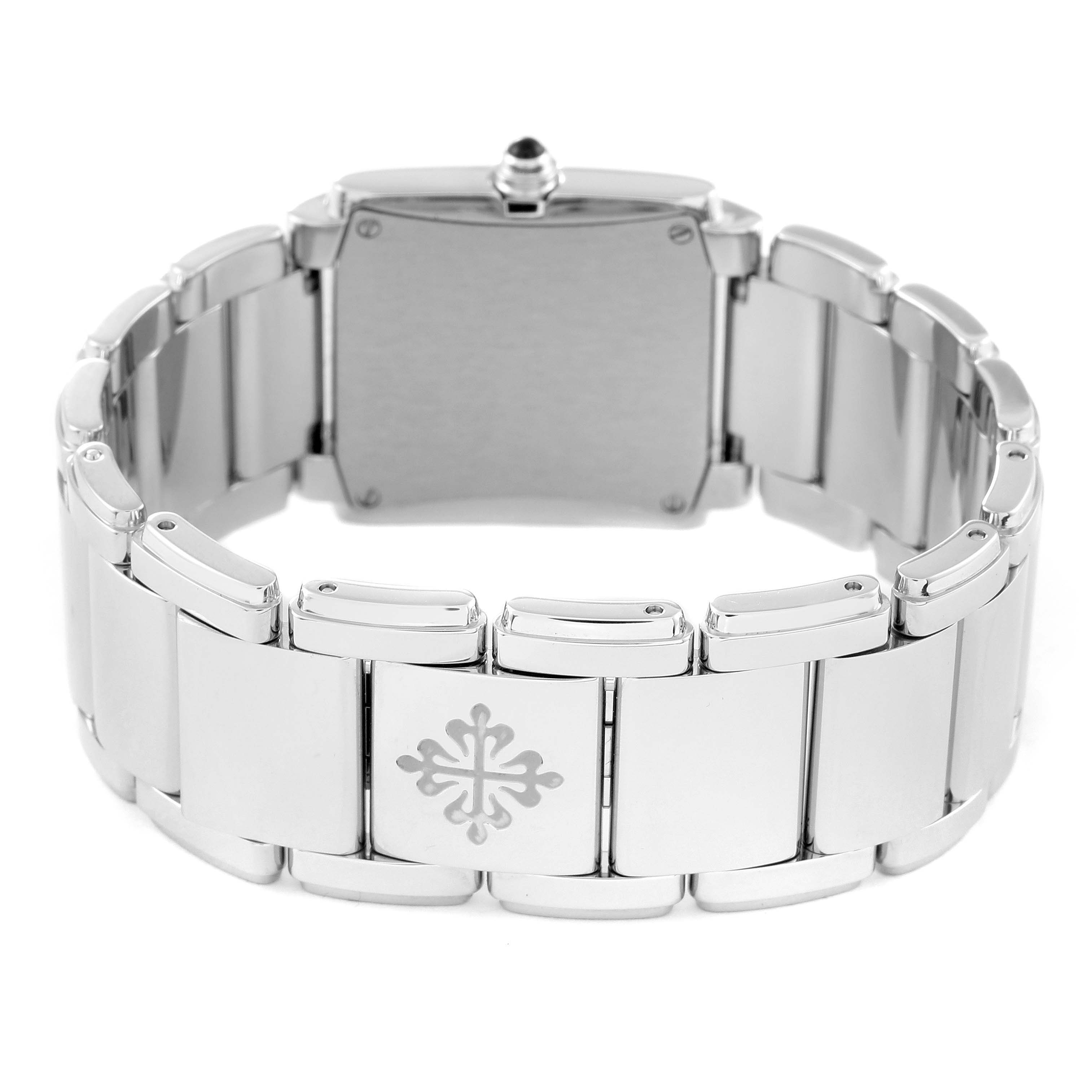 The image shows the back view of the bracelet and caseback of the Patek Philippe Twenty-4 4910/10A Women's Stainless Steel Grey Dial 4910/10A Women's Stainless Steel Grey Dial watch.