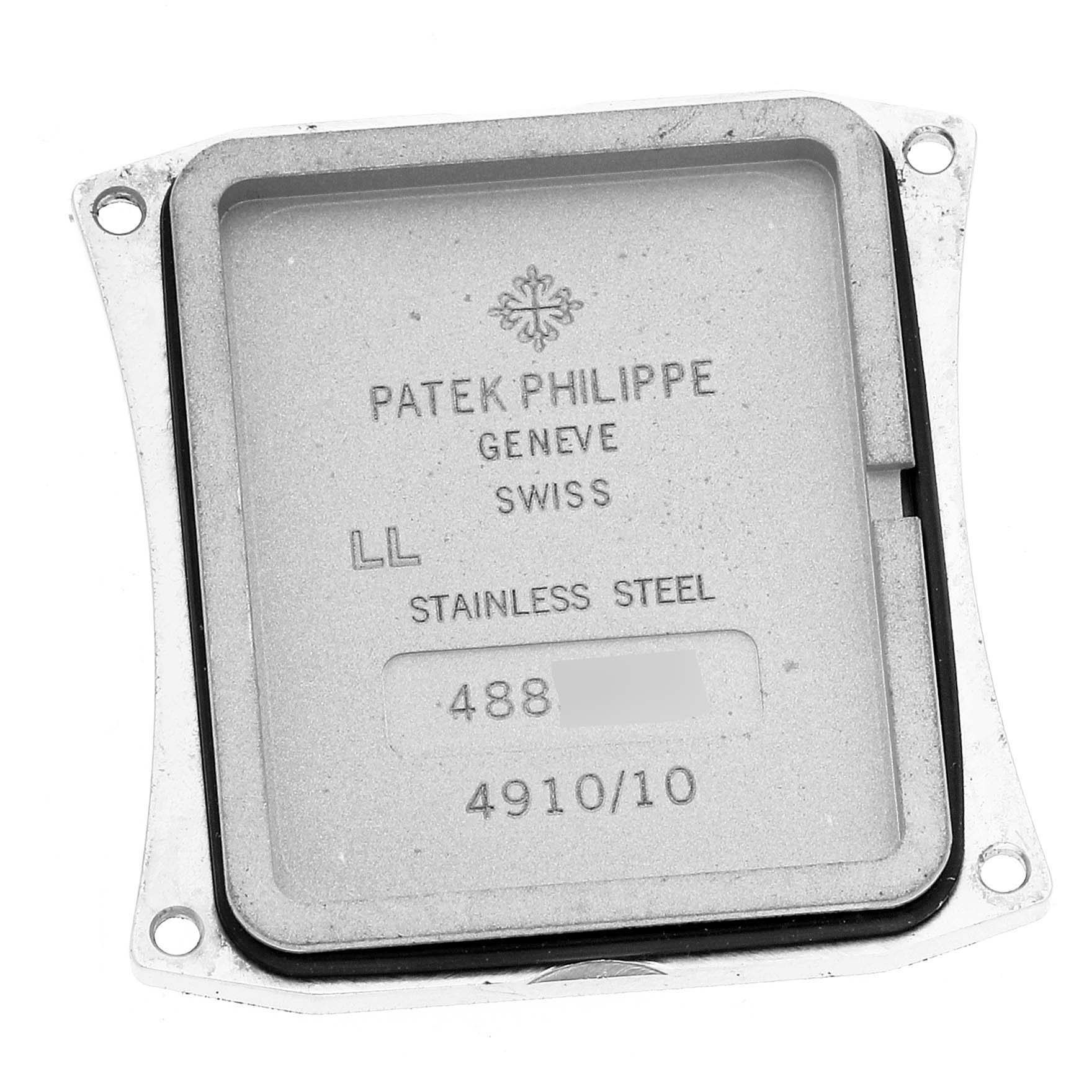 The image shows the back case of the Patek Philippe Twenty-4 4910/10A Women's Stainless Steel Grey Dial 4910/10A Women's Stainless Steel Grey Dial watch, highlighting the brand details and model number.