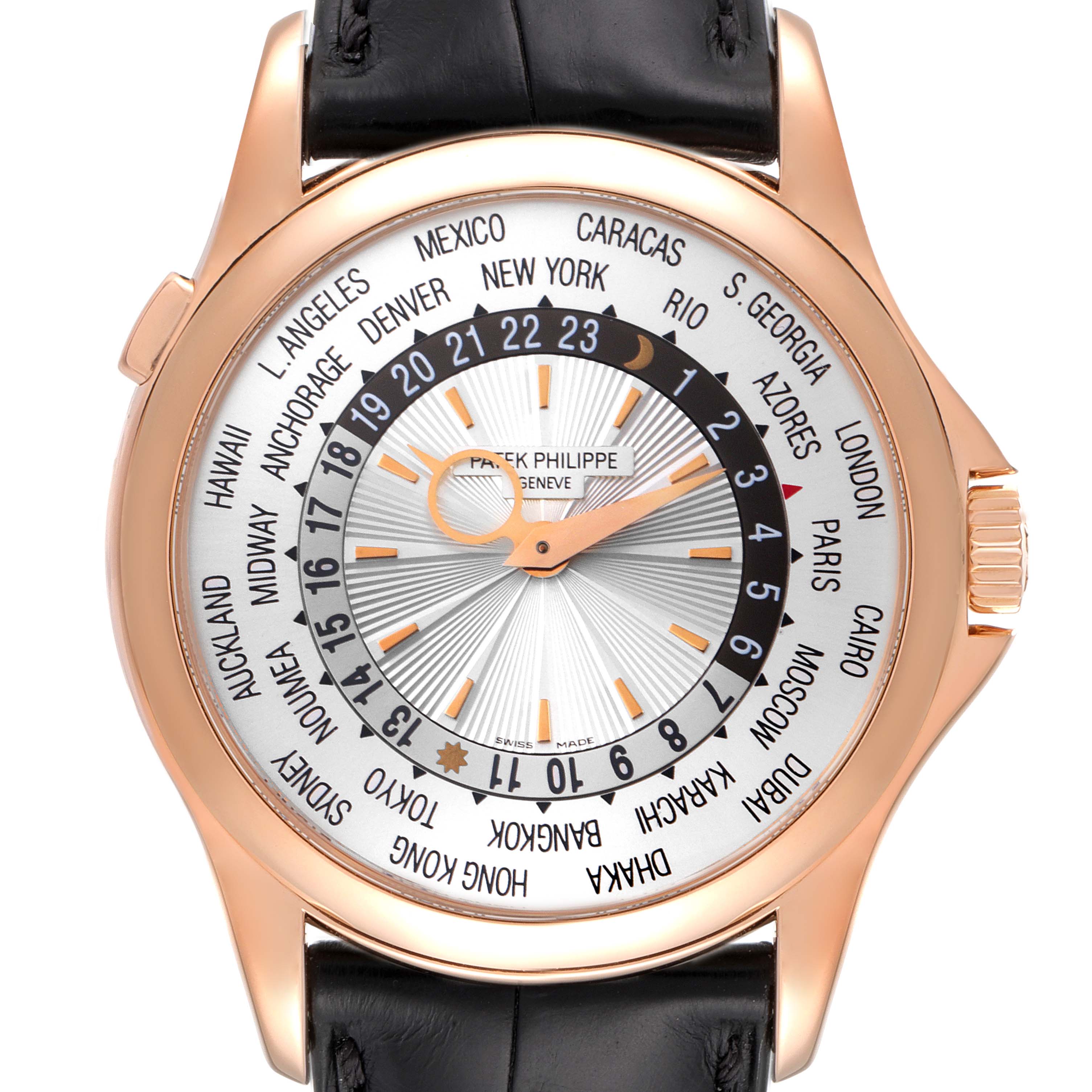 The image shows a front view of the Patek Philippe Complications 5130R Men's Rose Gold Silver Dial 5130R Men's Rose Gold Silver Dial model watch, displaying its face, hands, and world time zones.
