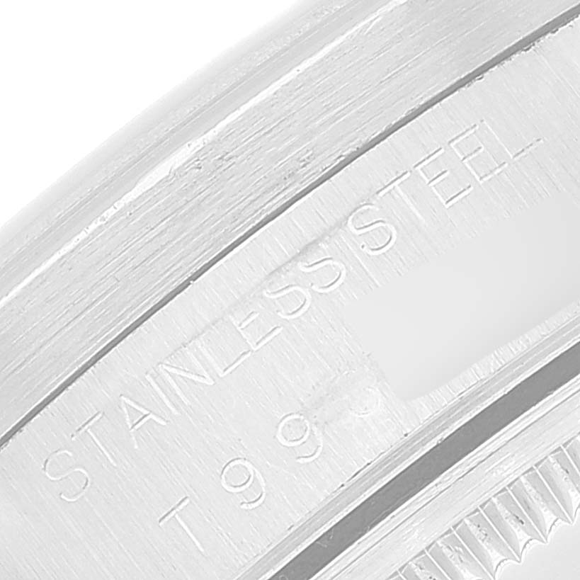 This close-up image shows the engraved stainless steel part of the Rolex Air-King 14010 Men's Stainless Steel Black Dial 14010 Men's Stainless Steel Black Dial, highlighting its material and detailed markings.