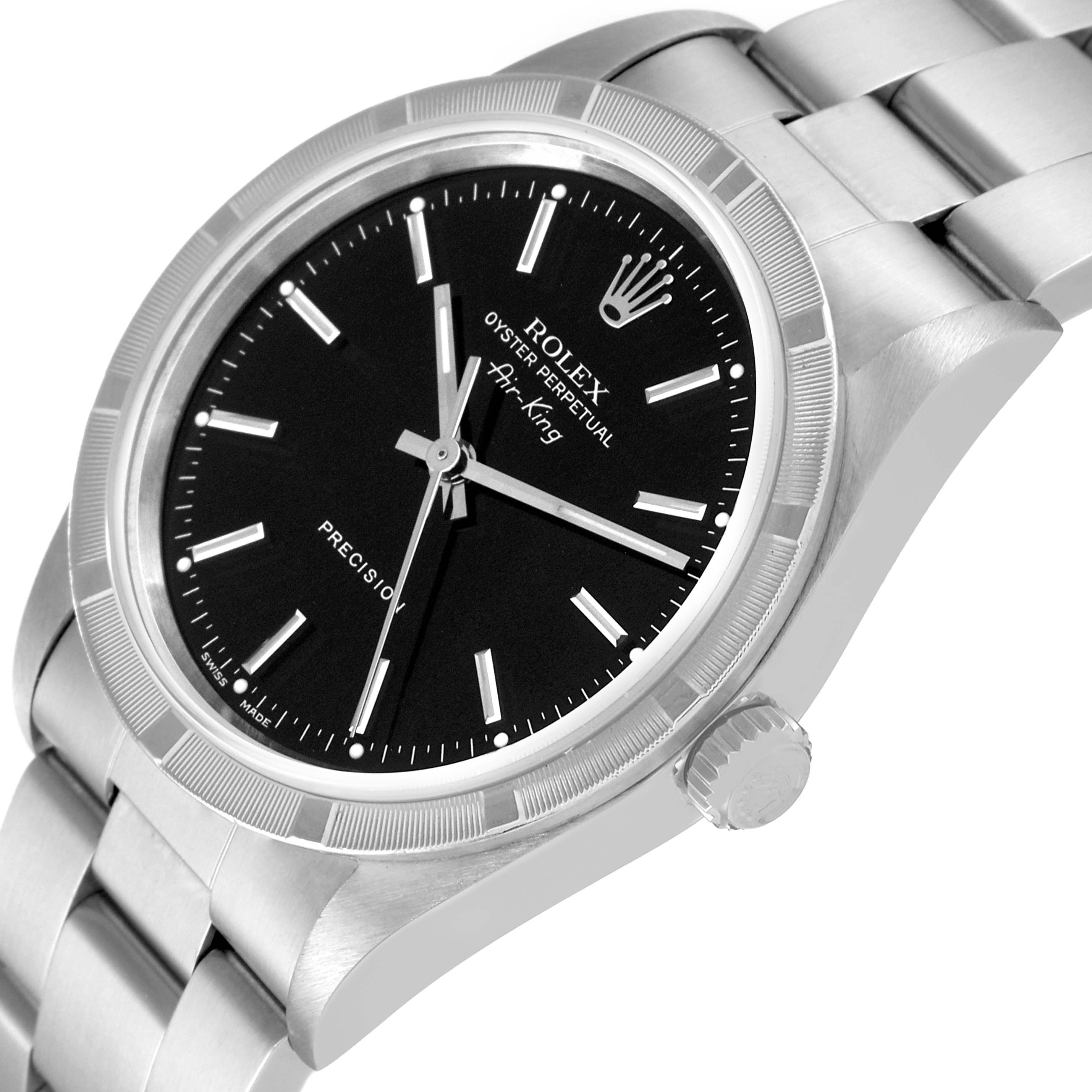 The image shows a close-up, angled view of the Rolex Air-King 14010 Men's Stainless Steel Black Dial 14010 Men's Stainless Steel Black Dial watch, highlighting its black dial, crown, and part of the bracelet.