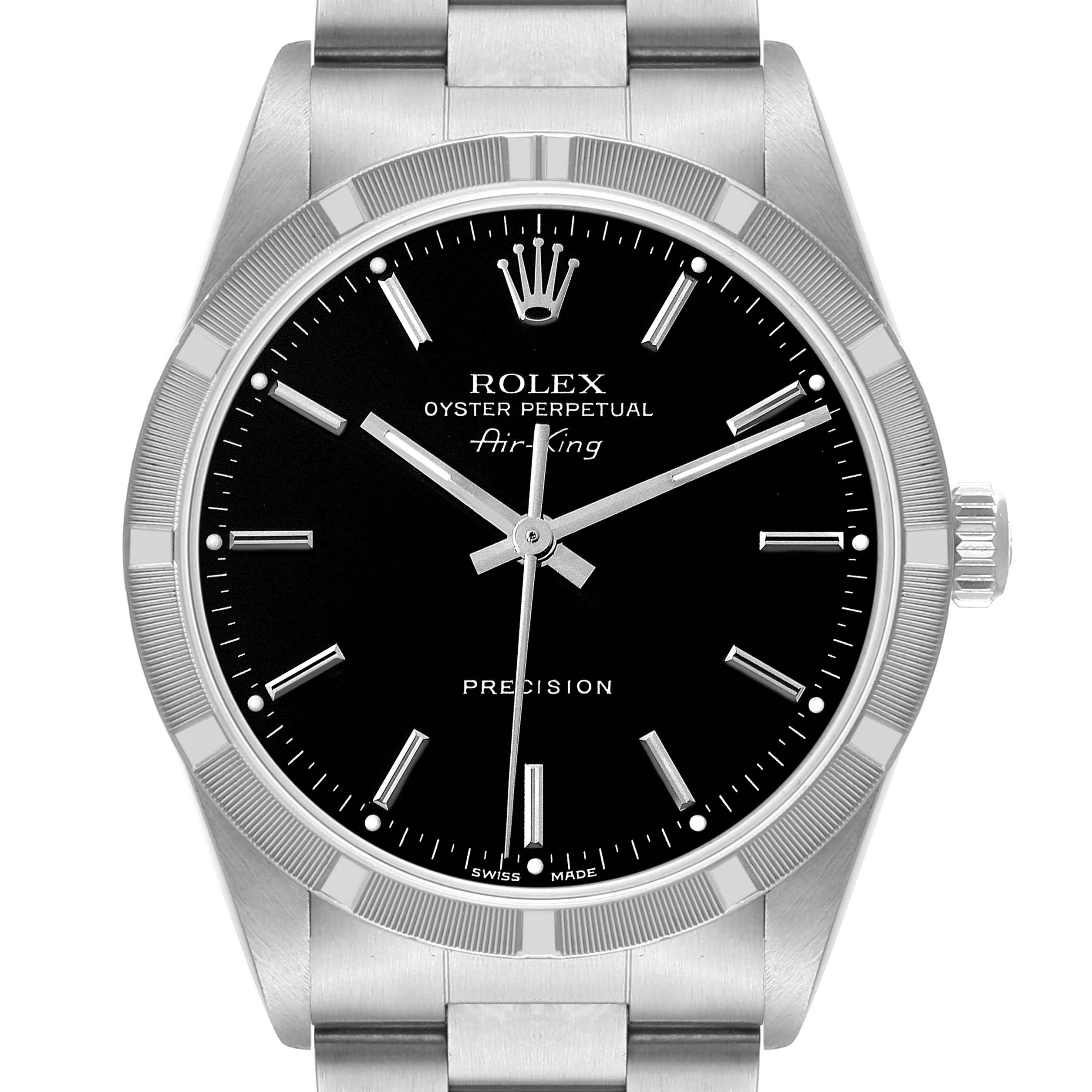 This image shows a front view of a Rolex Air-King 14010 Men's Stainless Steel Black Dial 14010 Men's Stainless Steel Black Dial watch, displaying the face, bezel, case, and part of the bracelet.