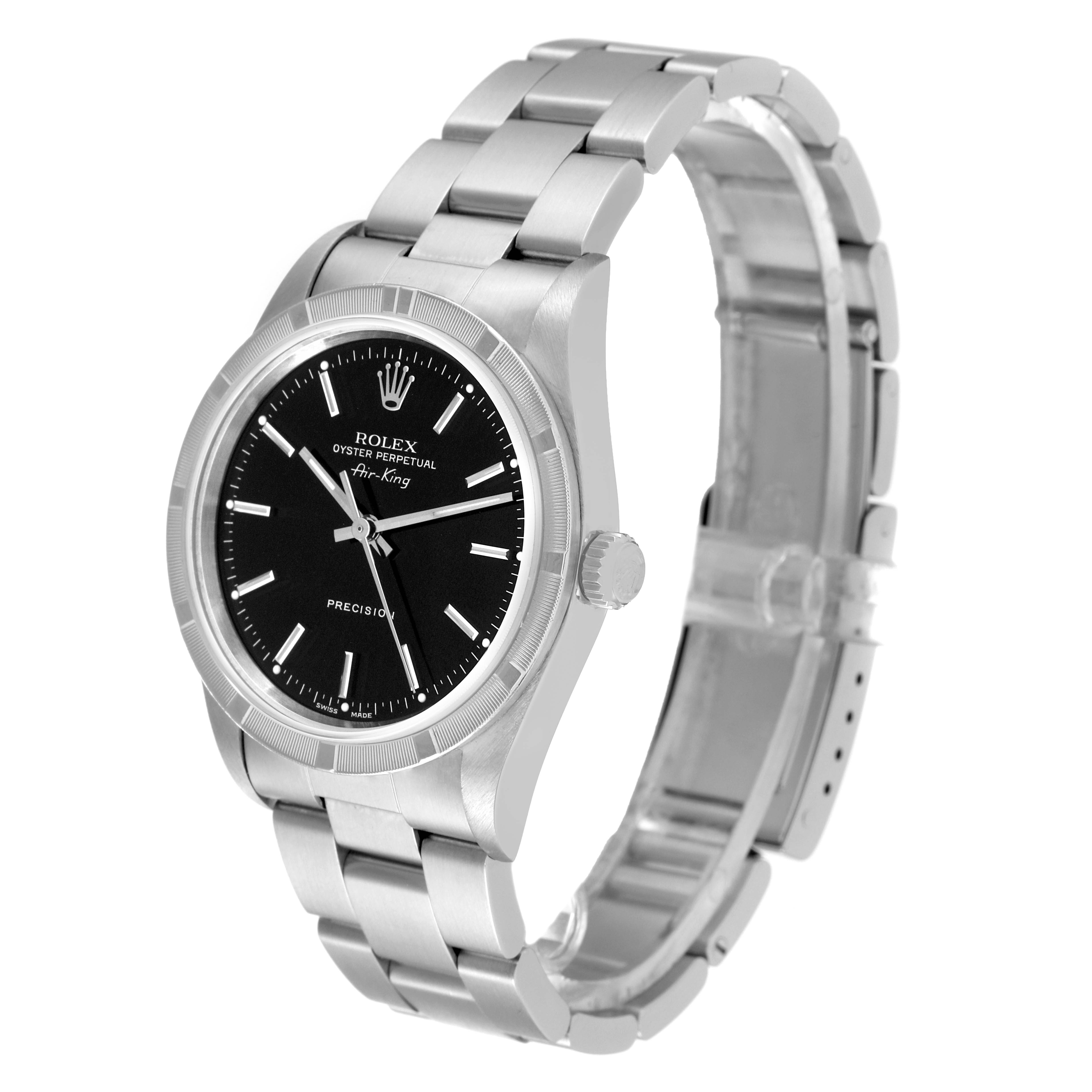 The Rolex Air-King 14010 Men's Stainless Steel Black Dial 14010 Men's Stainless Steel Black Dial watch is shown at a three-quarter angle, featuring its black dial, silver bezel, and stainless steel bracelet.