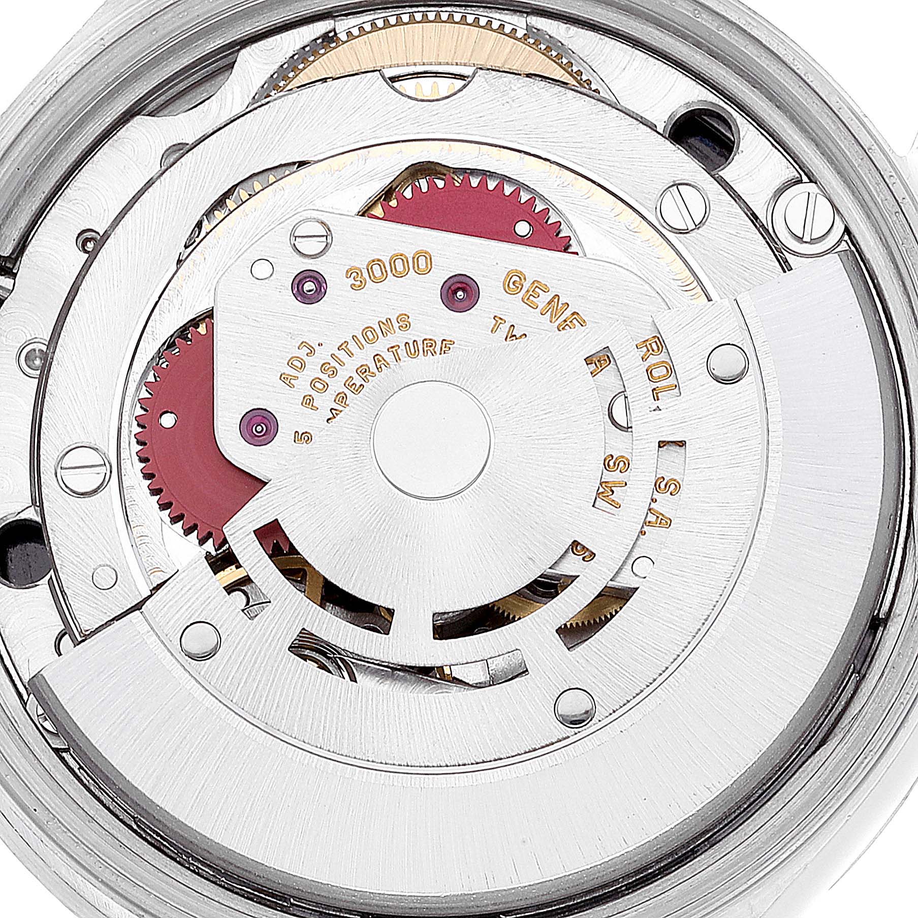 This image shows the internal mechanics and movement of the Rolex Air-King 14010 Men's Stainless Steel Black Dial 14010 Men's Stainless Steel Black Dial watch, viewed from a close-up angle.