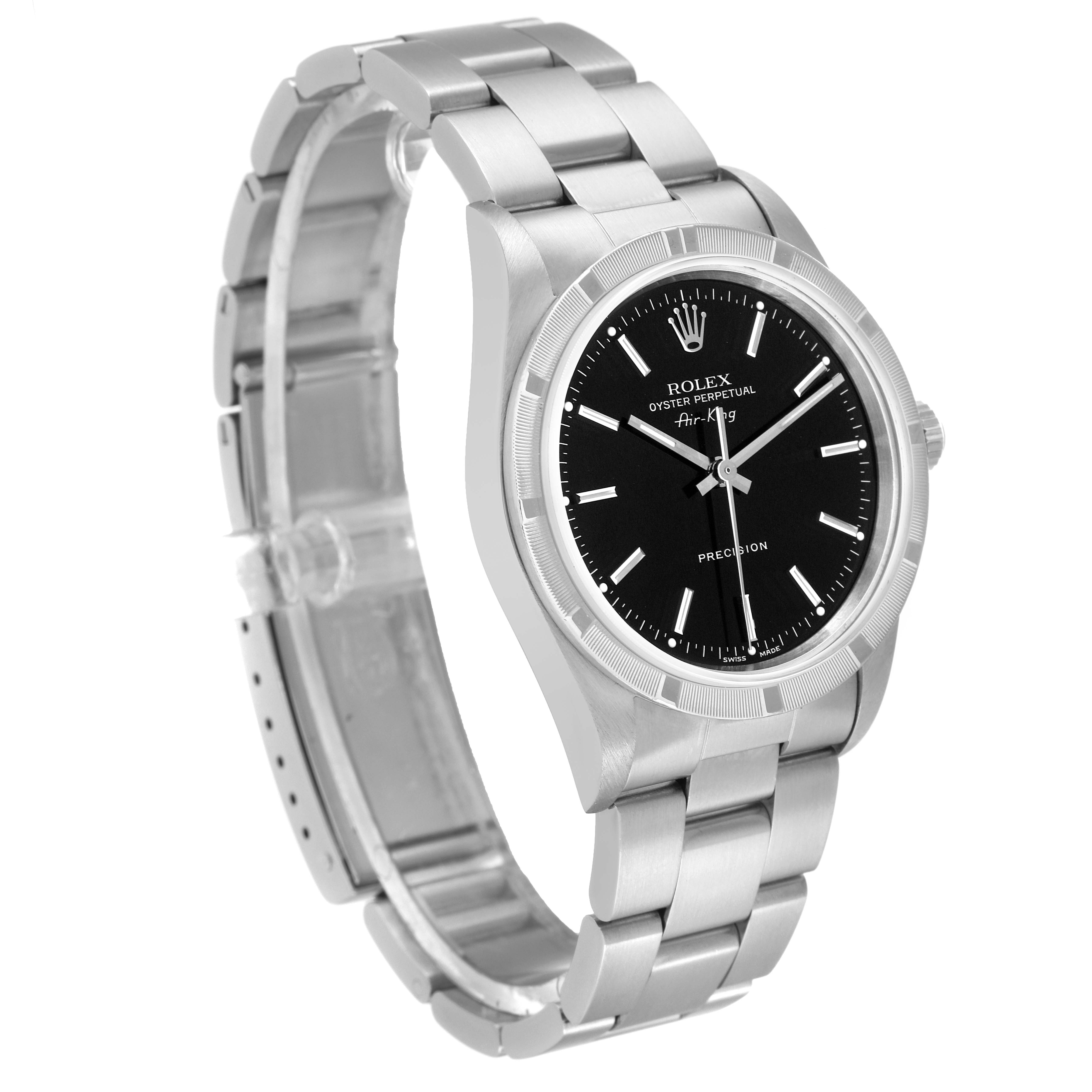 The image shows an angled side view of the Rolex Air-King 14010 Men's Stainless Steel Black Dial 14010 Men's Stainless Steel Black Dial watch, displaying its bracelet, bezel, and dial.