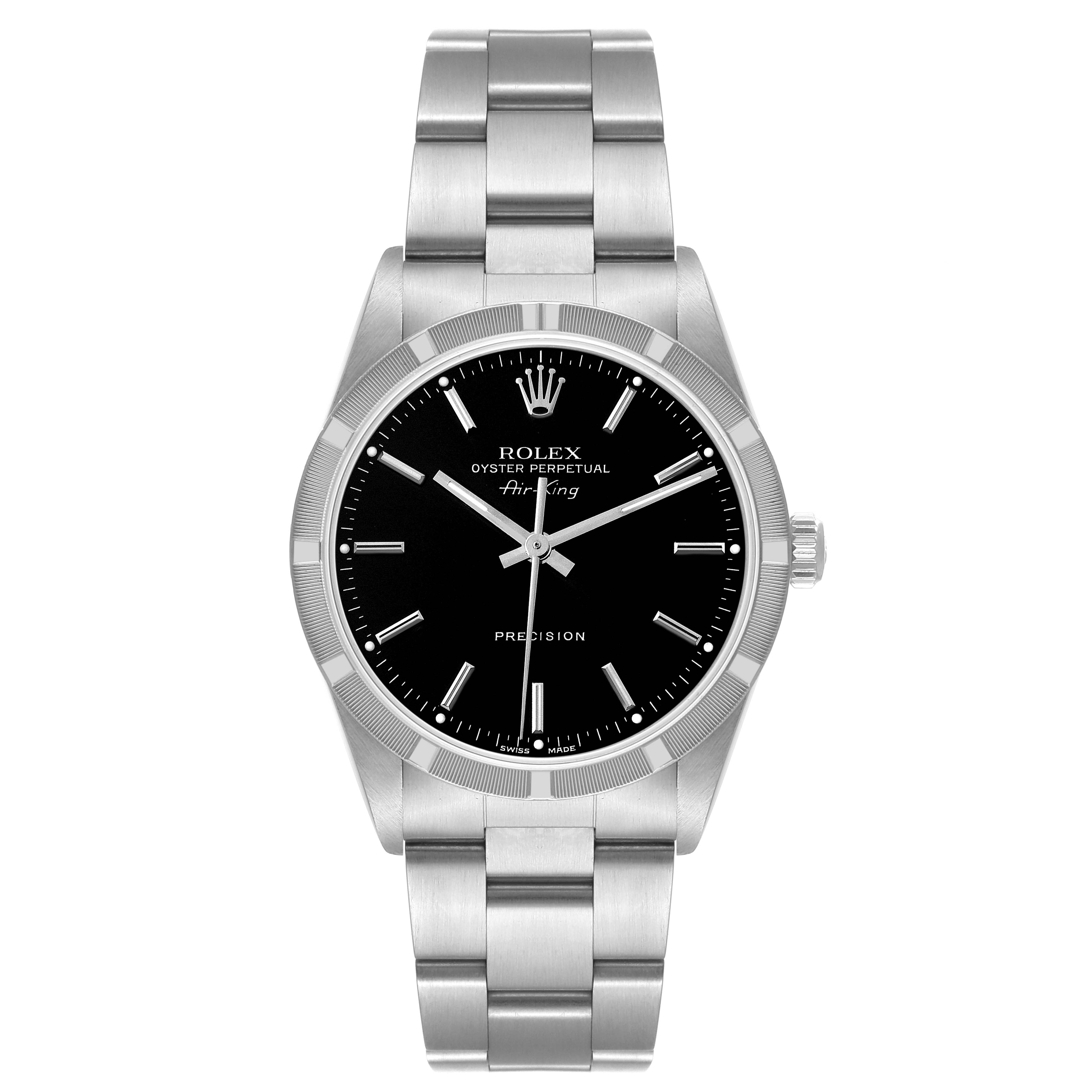 The image shows a Rolex Air-King 14010 Men's Stainless Steel Black Dial 14010 Men's Stainless Steel Black Dial watch from a front angle, highlighting its black dial, stainless steel case, and bracelet.