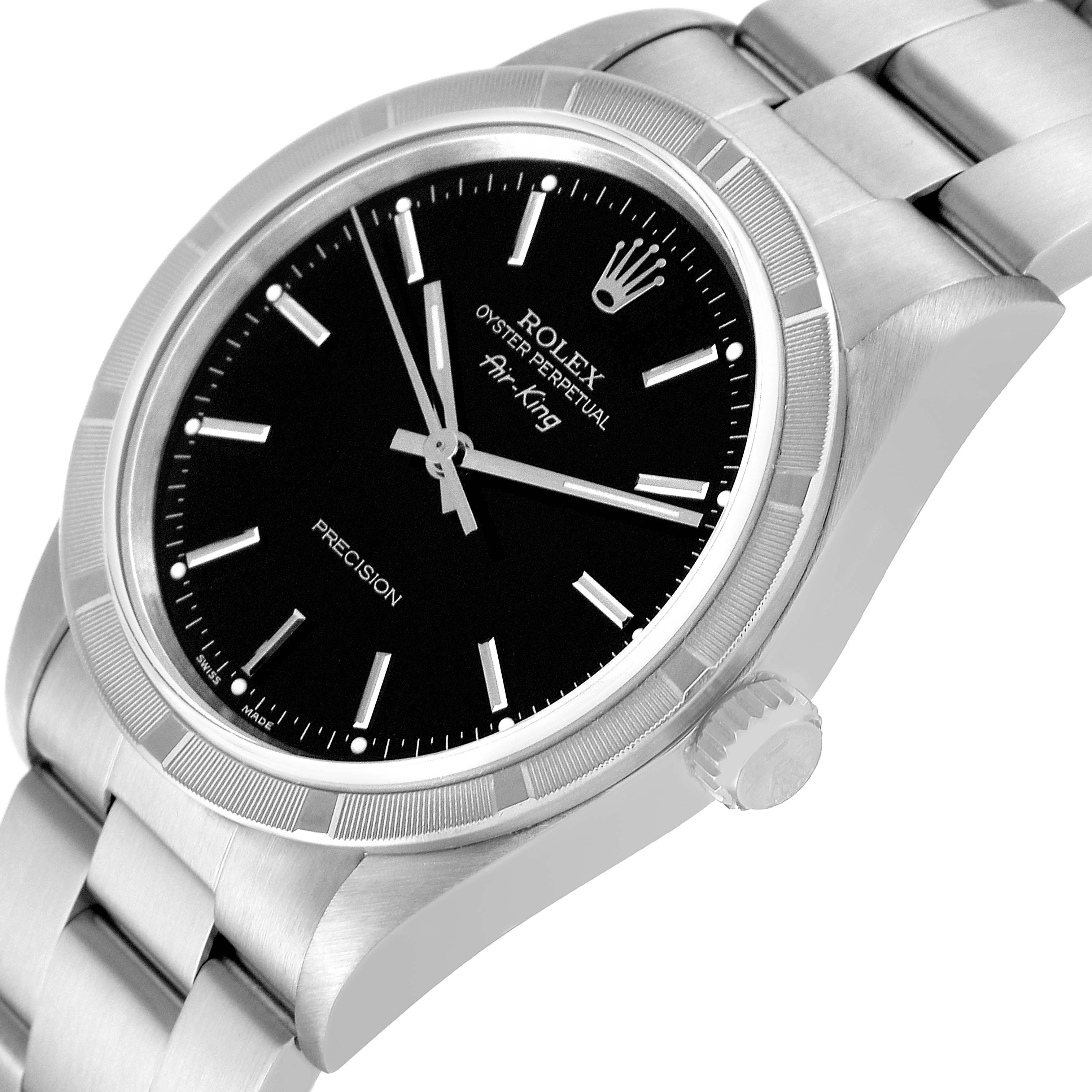 The Rolex Air-King 14010 Men's Stainless Steel Black Dial 14010 Men's Stainless Steel Black Dial watch is shown at an angle, highlighting the face, bezel, crown, and part of the bracelet.