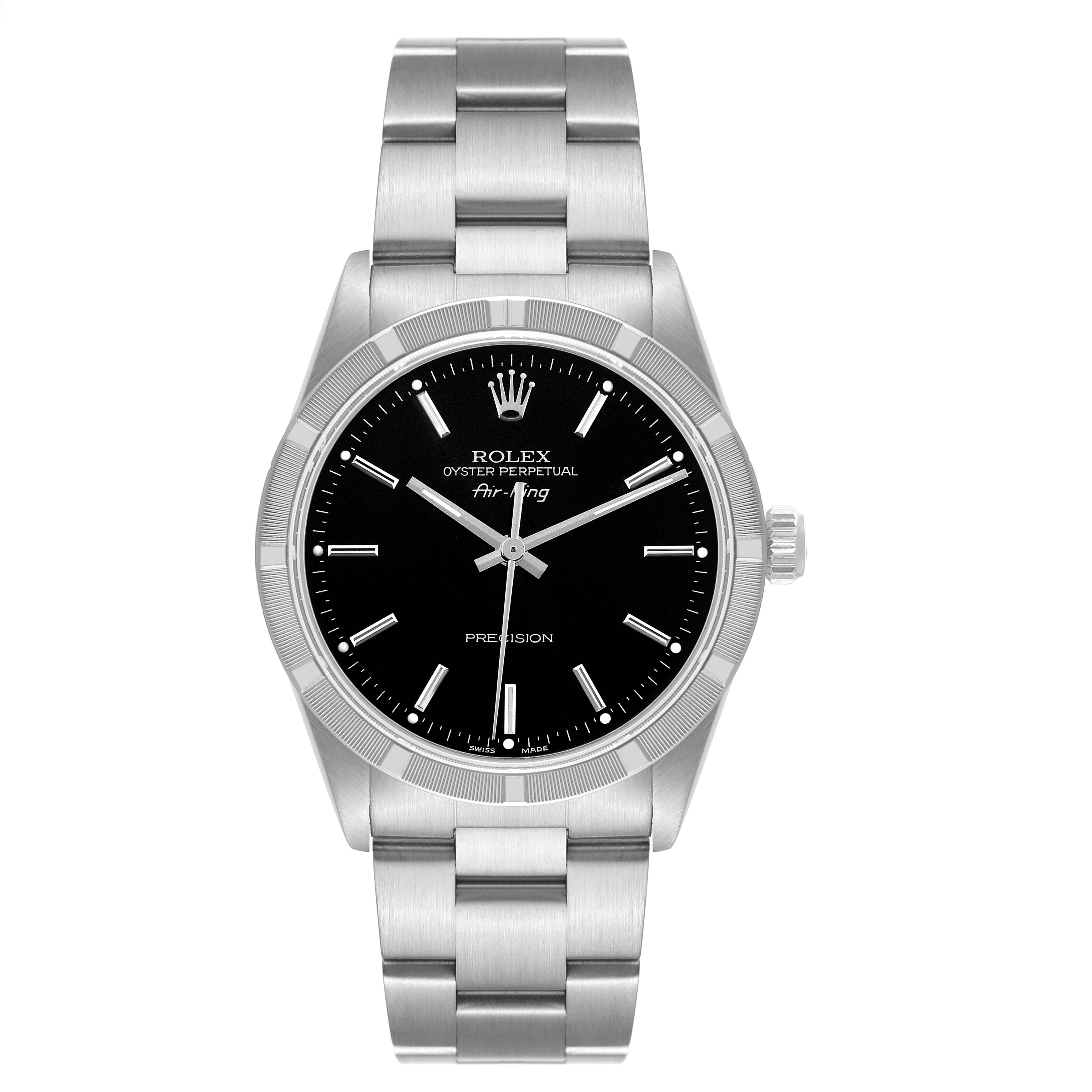 The image shows a frontal view of a Rolex Air-King 14010 Men's Stainless Steel Black Dial 14010 Men's Stainless Steel Black Dial watch, including the face, case, and bracelet.