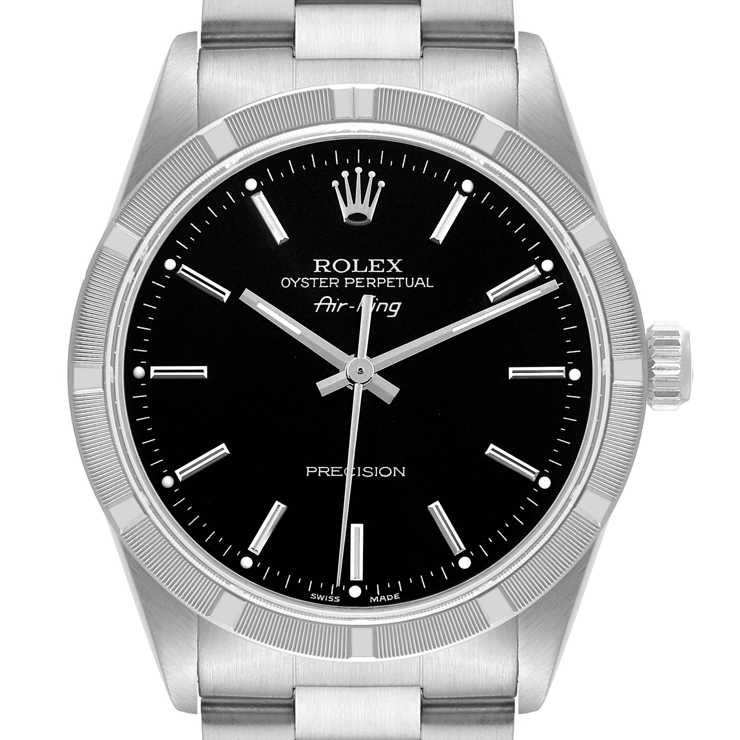 The image shows a front view of a Rolex Air-King 14010 Men's Stainless Steel Black Dial 14010 Men's Stainless Steel Black Dial watch, highlighting its black dial, silver hour markers, and stainless steel bracelet.