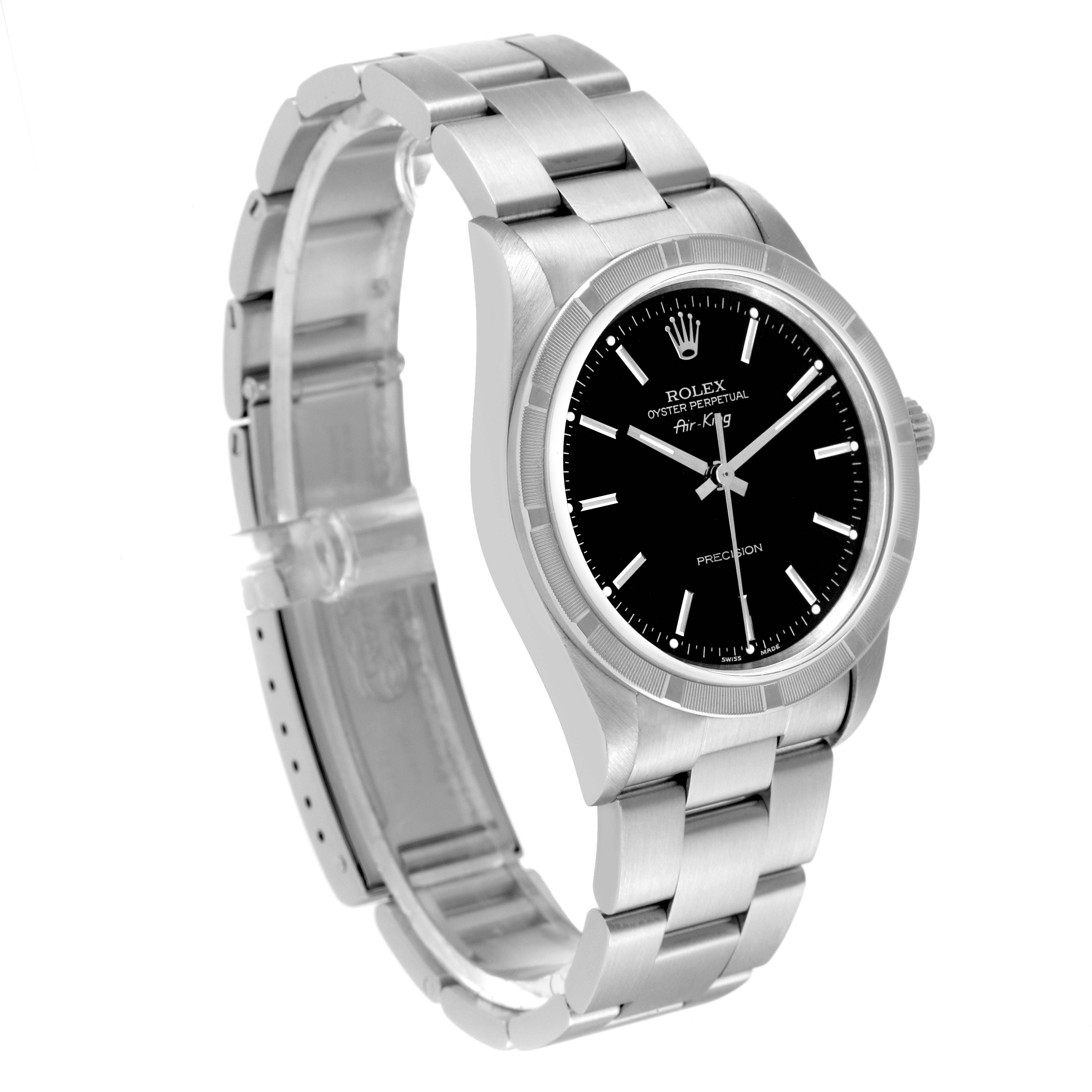This image shows a Rolex Air-King 14010 Men's Stainless Steel Black Dial 14010 Men's Stainless Steel Black Dial watch at a three-quarter angle, highlighting the face, case, and bracelet.