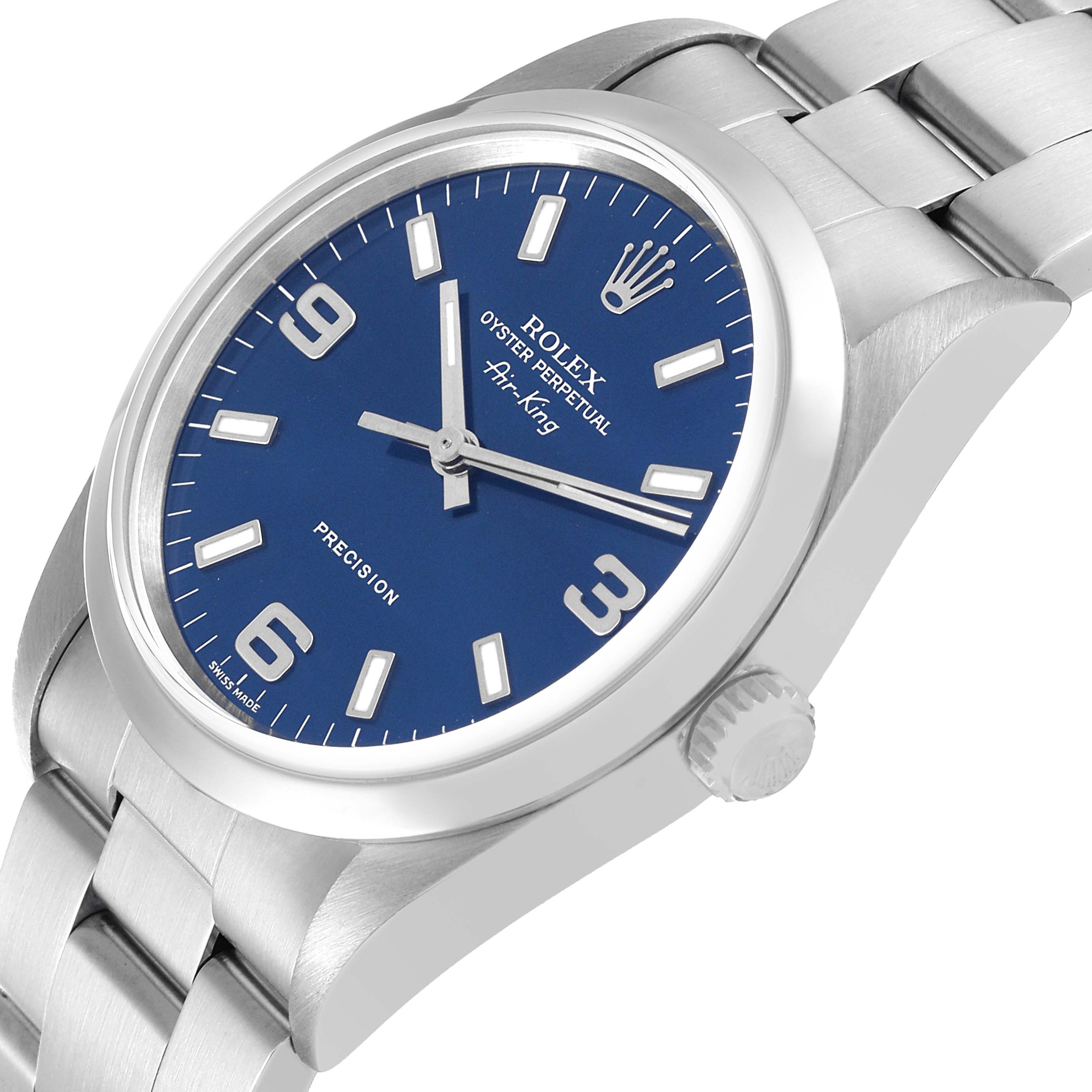 The Rolex Air-King 14000 Men's Stainless Steel Blue Dial 14000 Men's Stainless Steel Blue Dial watch is shown at a slight angle, highlighting the blue dial, silver bezel, and part of the metal bracelet.