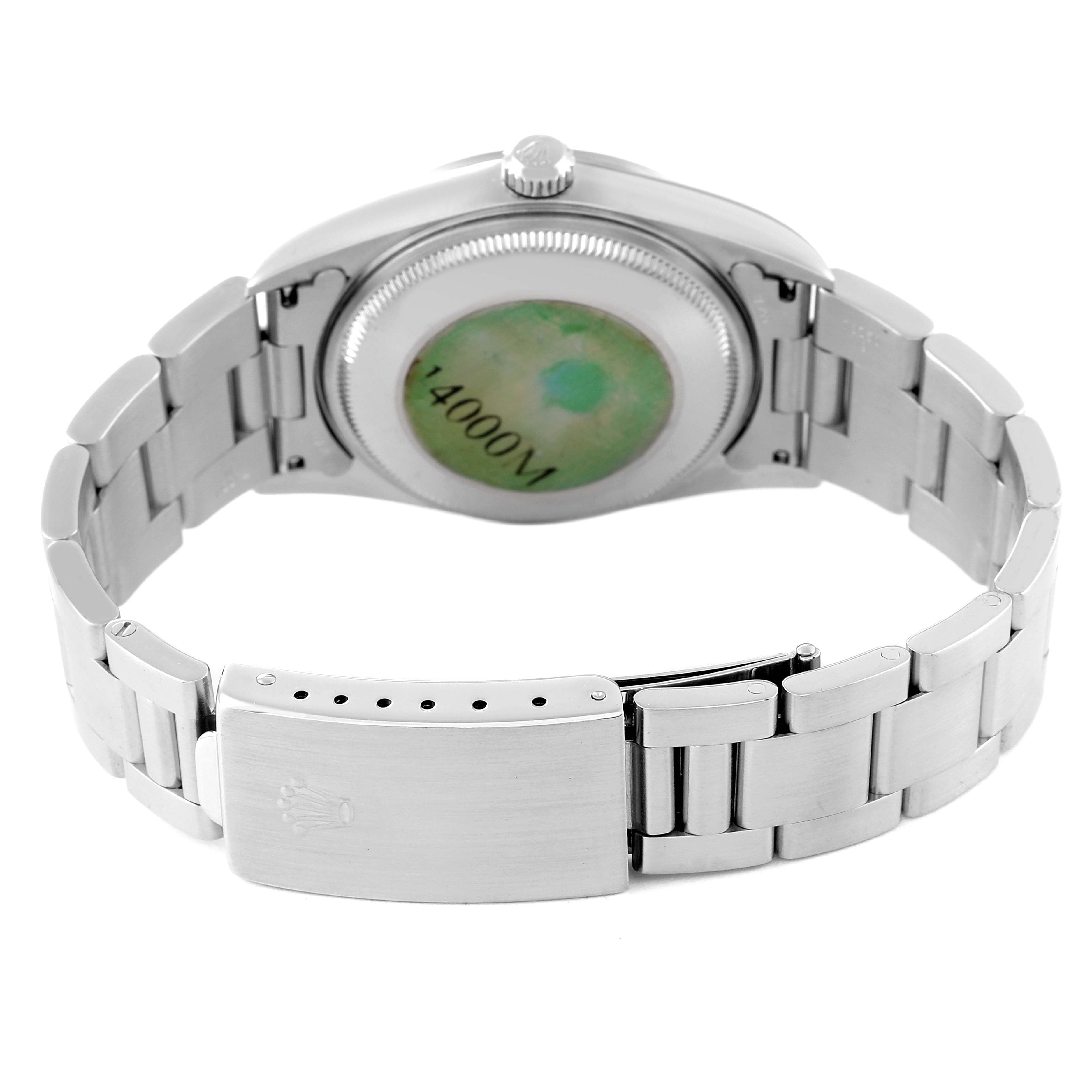 The image shows the back case and bracelet of a Rolex Air-King 14000 Men's Stainless Steel Blue Dial 14000 Men's Stainless Steel Blue Dial watch from a bottom angle.