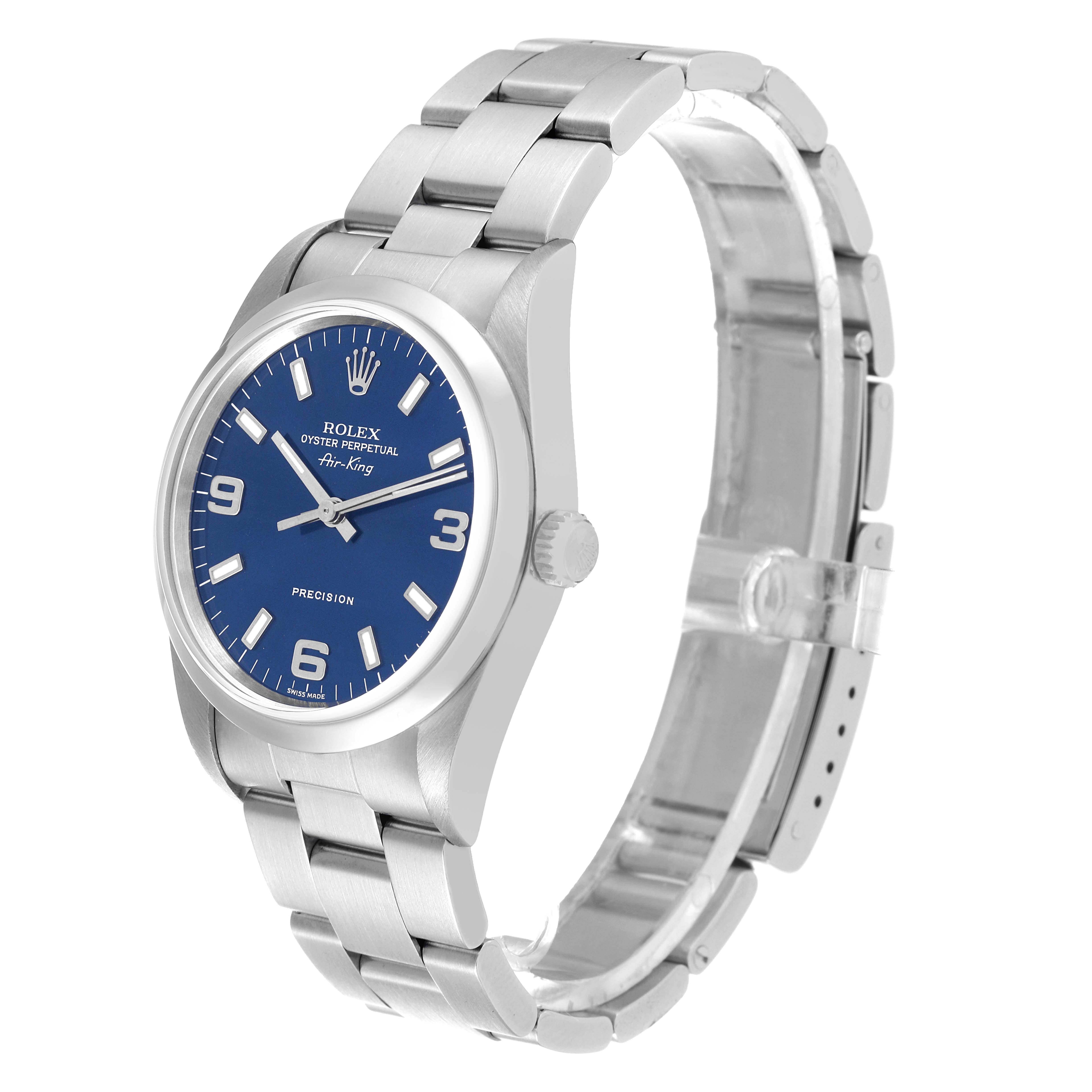 The image shows a Rolex Air-King 14000 Men's Stainless Steel Blue Dial 14000 Men's Stainless Steel Blue Dial watch at a three-quarter angle, displaying the dial, crown, and bracelet.