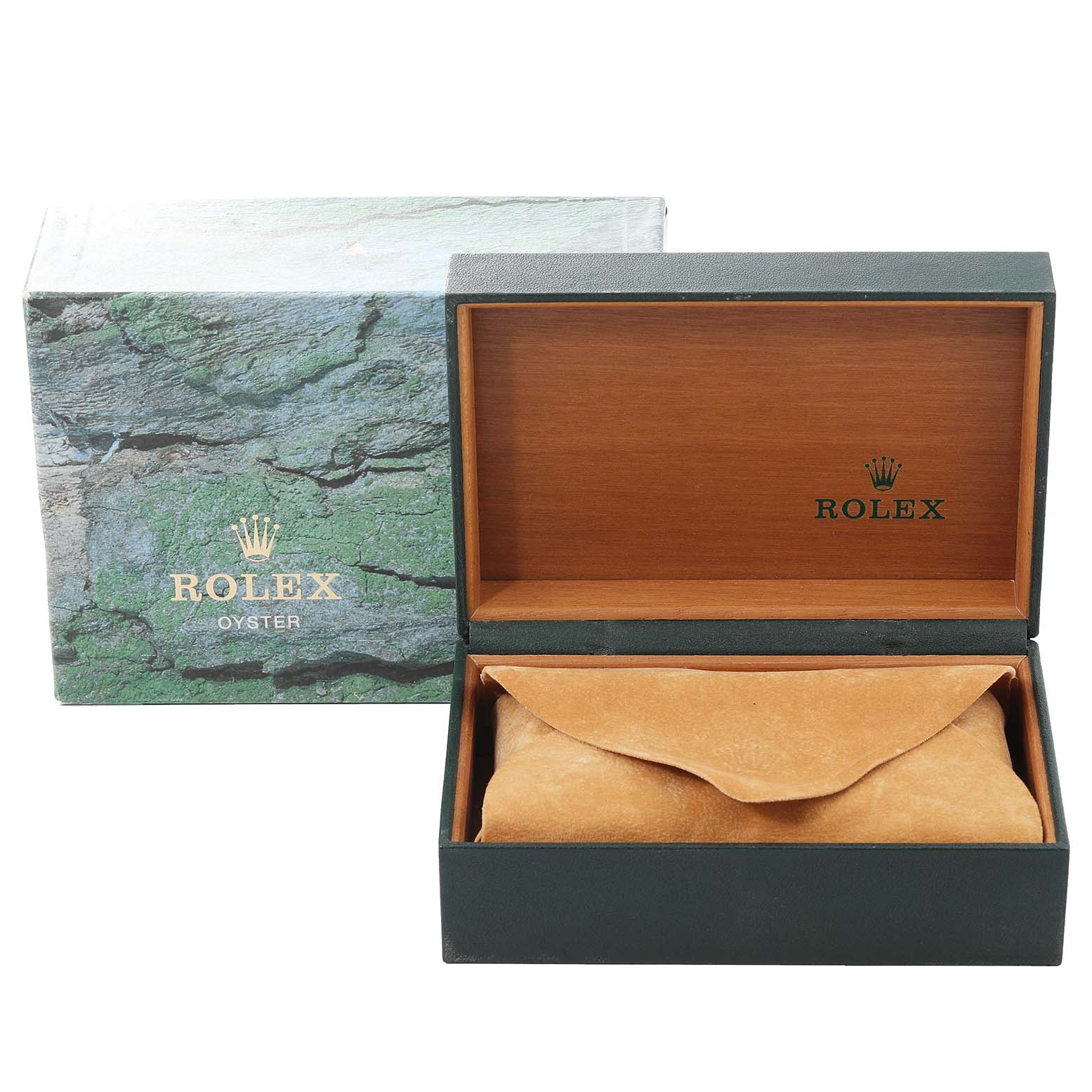 The image shows the packaging and case for a Rolex Air-King 14000 Men's Stainless Steel Blue Dial 14000 Men's Stainless Steel Blue Dial watch, including an outer box and an inner presentation box with a leather pouch.
