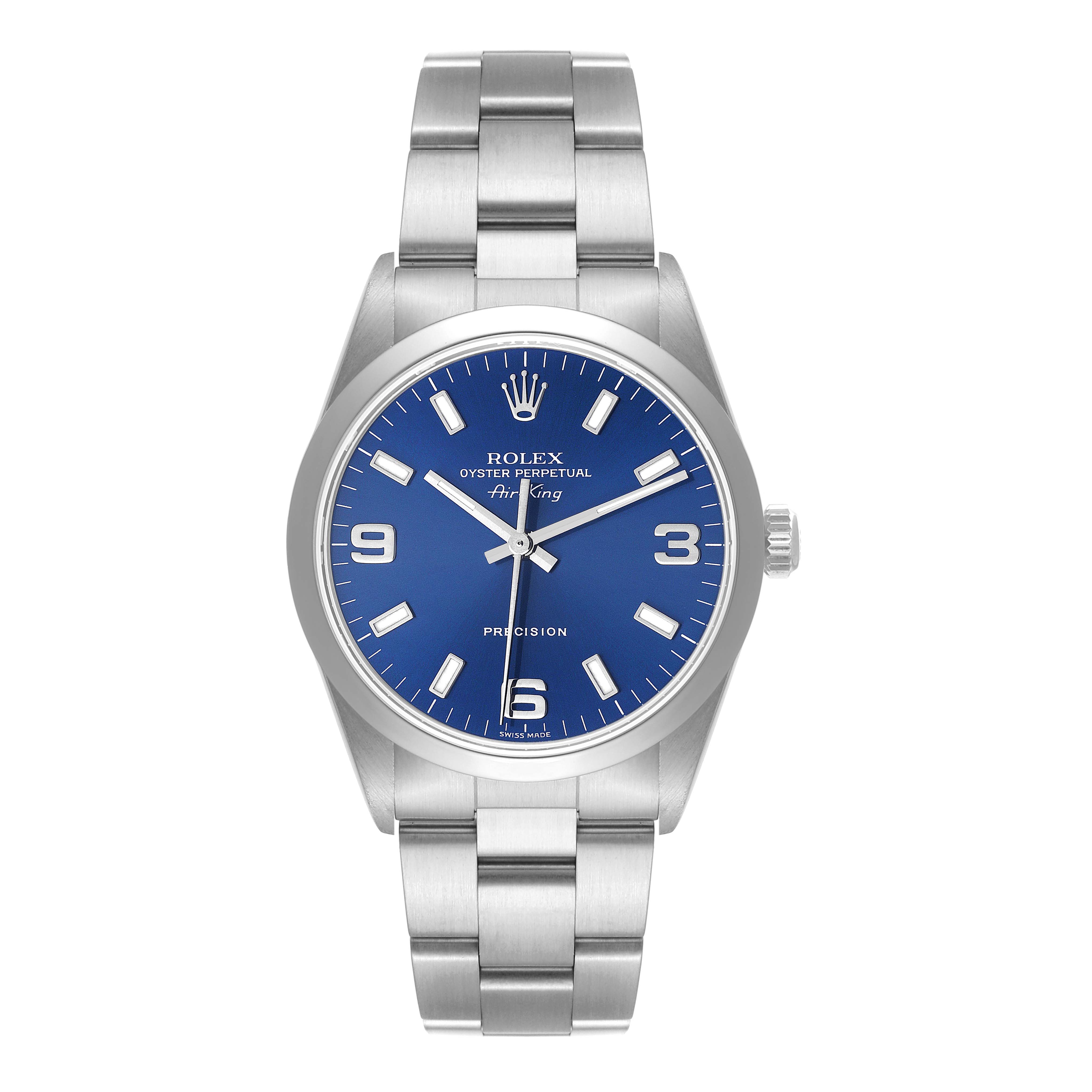 This Rolex Air-King 14000 Men's Stainless Steel Blue Dial 14000 Men's Stainless Steel Blue Dial watch is shown from a top-down angle, displaying the face, bezel, and bracelet.