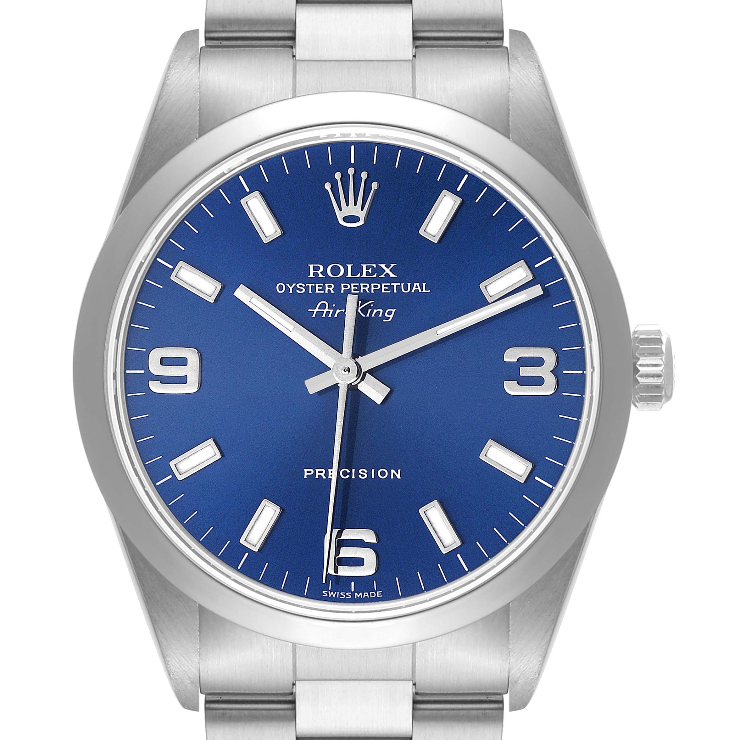 The image shows a frontal view of the Rolex Air-King 14000 Men's Stainless Steel Blue Dial 14000 Men's Stainless Steel Blue Dial watch, displaying the dial, hands, bezel, and part of the metal bracelet.