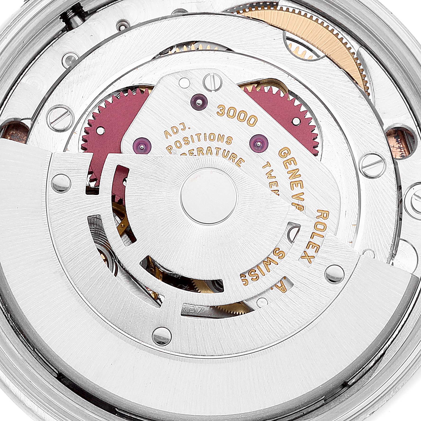 The image shows the intricate inner mechanism of the Rolex Air-King 14000 Men's Stainless Steel Pink Dial 14000 Men's Stainless Steel Pink Dial watch viewed from the back.