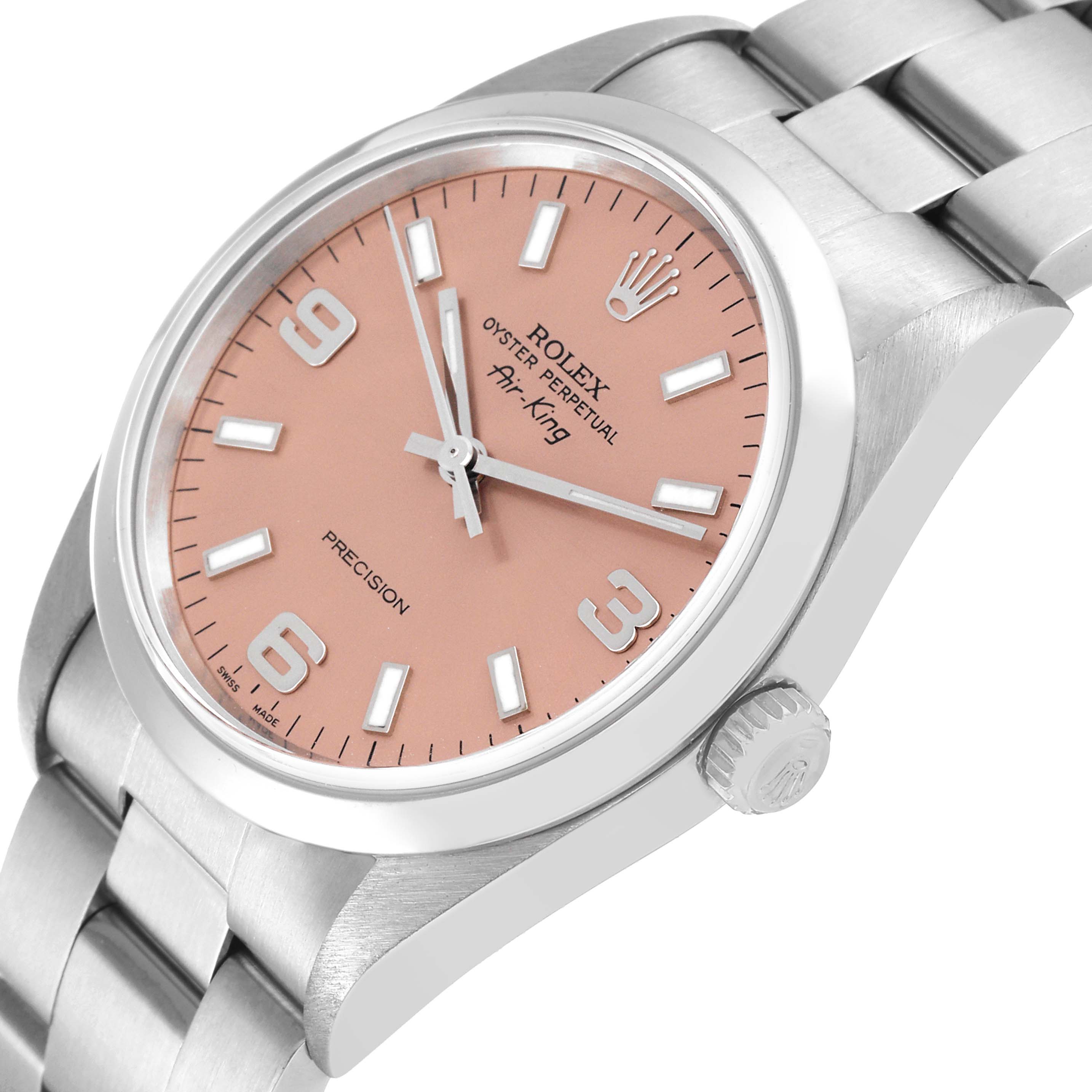 The Rolex Air-King 14000 Men's Stainless Steel Pink Dial 14000 Men's Stainless Steel Pink Dial watch is shown at a slight side angle, highlighting the pink dial and stainless steel bracelet.