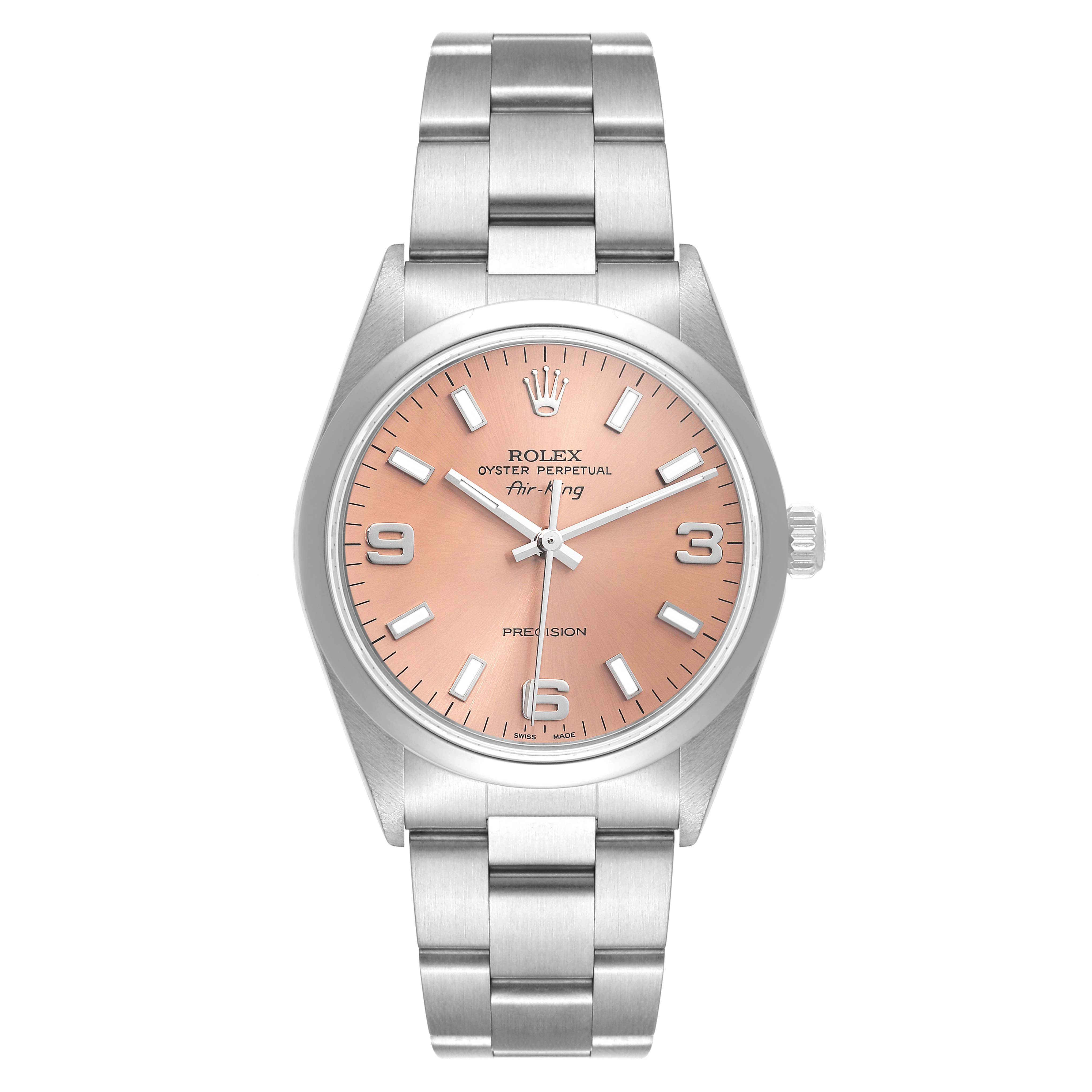 This image shows a Rolex Air-King 14000 Men's Stainless Steel Pink Dial 14000 Men's Stainless Steel Pink Dial watch directly from the front, highlighting the dial, case, and bracelet.