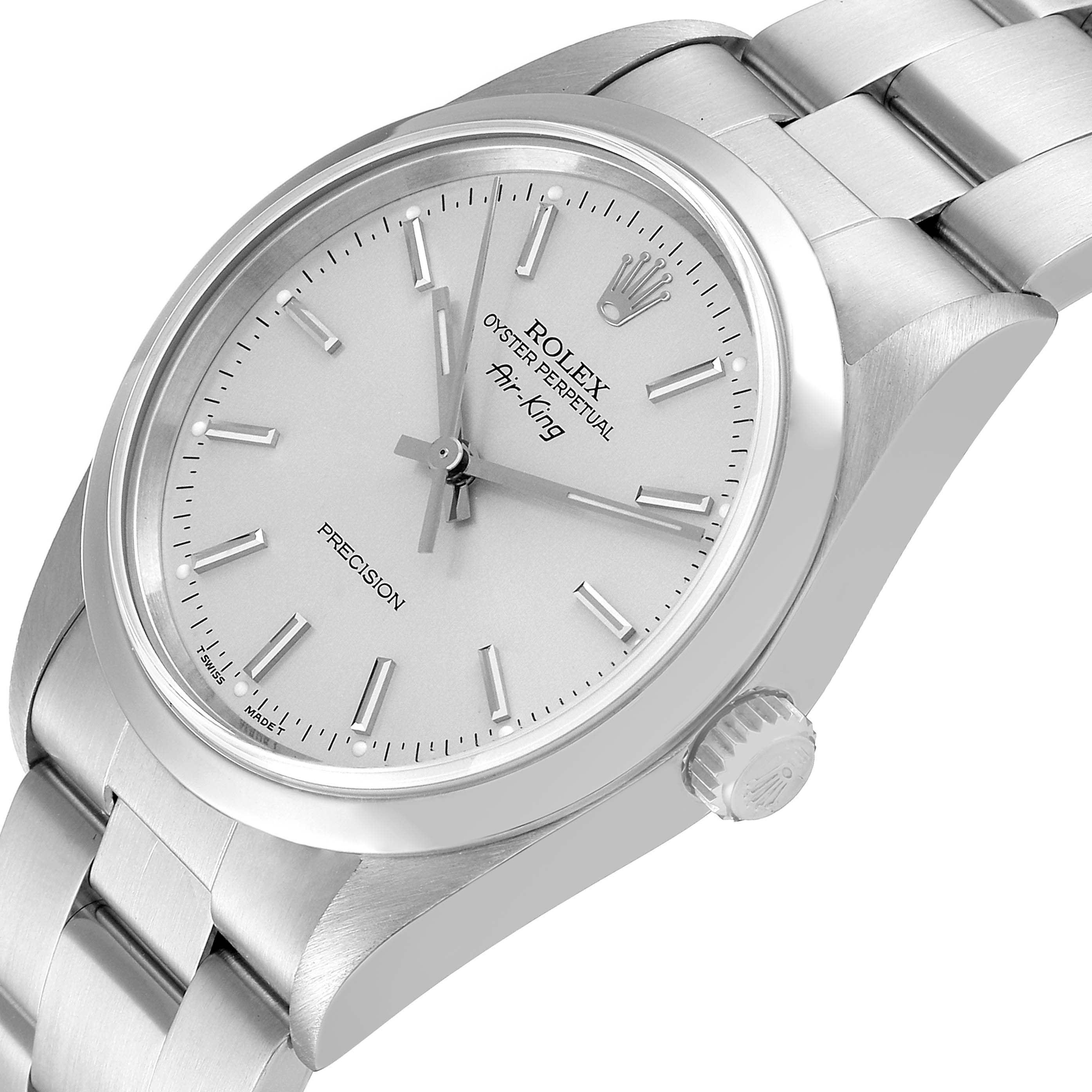 The image shows a close-up, angled view of the Rolex Air-King 14000 Men's Stainless Steel Silver Dial 14000 Men's Stainless Steel Silver Dial watch, highlighting its face, crown, and bracelet.