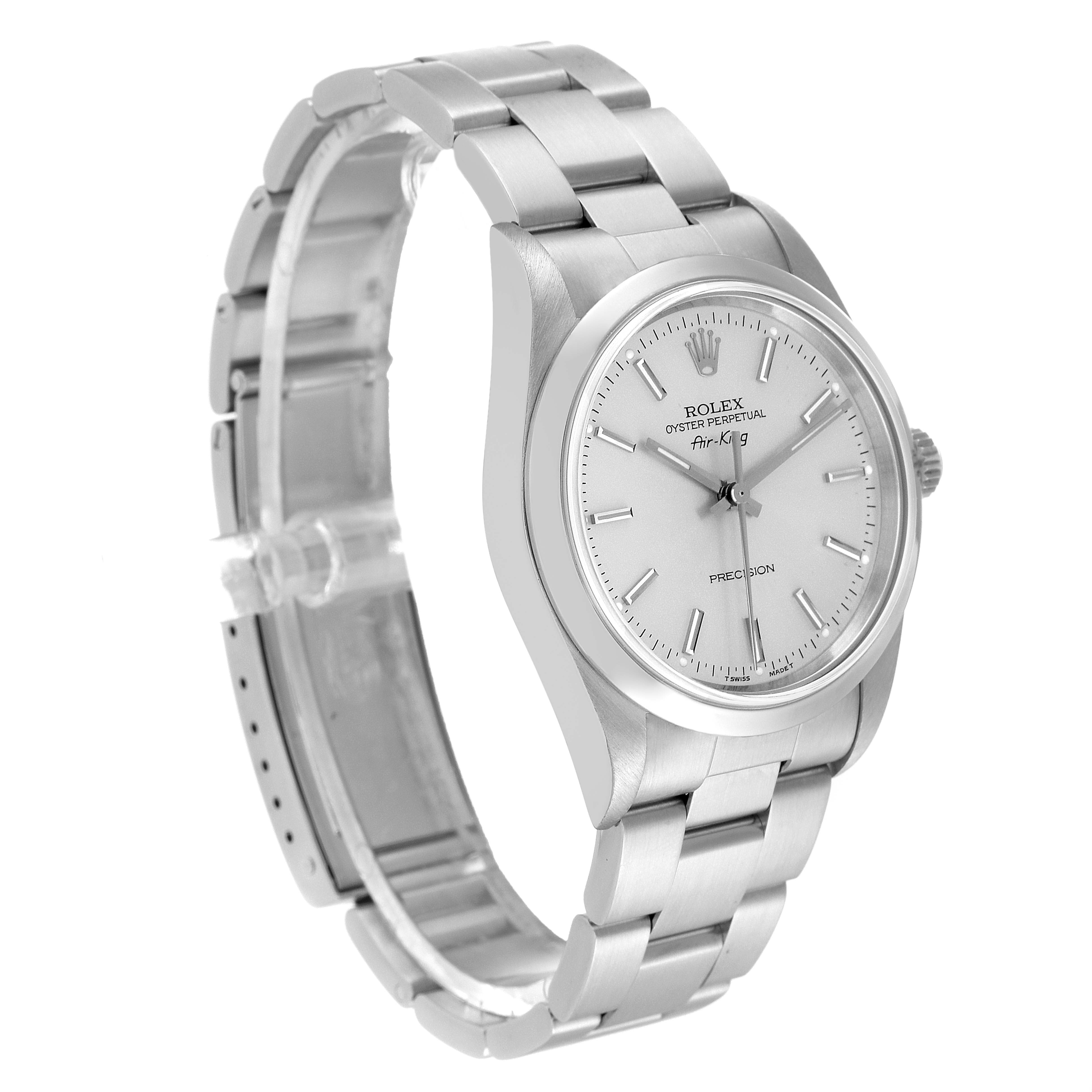 This image shows a Rolex Air-King 14000 Men's Stainless Steel Silver Dial 14000 Men's Stainless Steel Silver Dial watch from a three-quarter angle with its face, bracelet, and clasp visible.