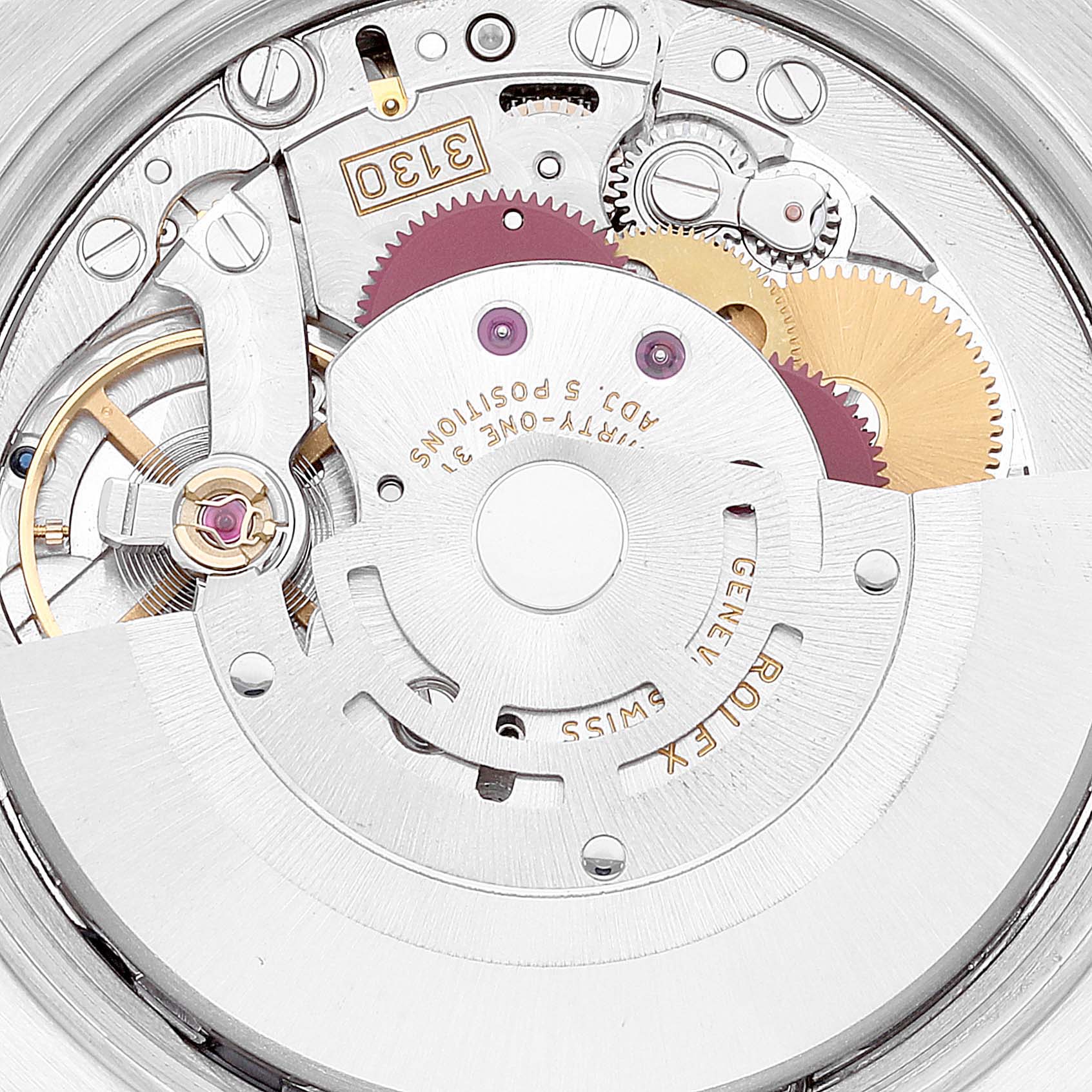 The image shows a close-up of the movement mechanism of a Rolex Air-King 14000 Men's Stainless Steel Silver Dial 14000 Men's Stainless Steel Silver Dial watch, highlighting gears and intricate components.