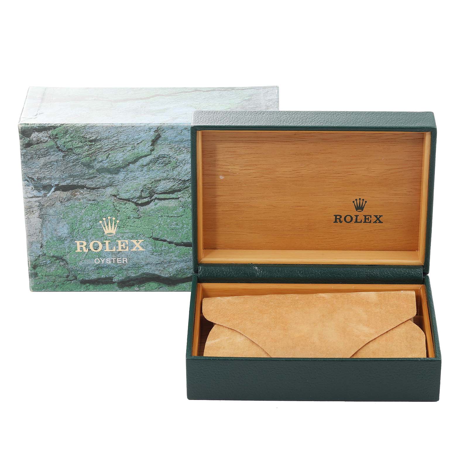 This image shows the Rolex Air-King 14000 Men's Stainless Steel Silver Dial 14000 Men's Stainless Steel Silver Dial watch's packaging, including the outer box and open inner box displaying a suede pouch.
